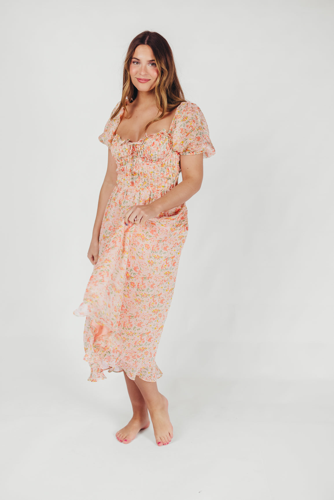 Lunaria Pleated Bustier Midi Dress - Floral Orange Summer Dress for Women | Perfect for Weddings, Parties & Date Nights