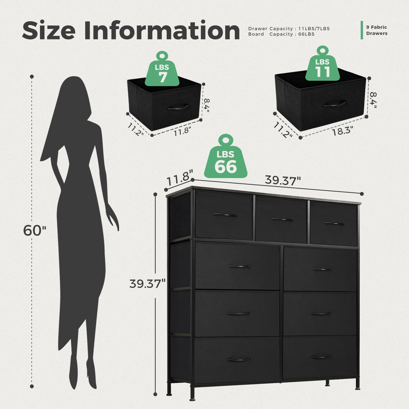 ANTONIA 9-Drawer Dresser for Bedroom - Tall Fabric Storage Tower with Cabinet & Wooden Top | Metal Frame Clothing Organizer for Closet, Nursery & Kids Room | Lightweight Chest Furniture in Black | Perfect for Small Spaces, Baby Essentials & Wardrobe Organization