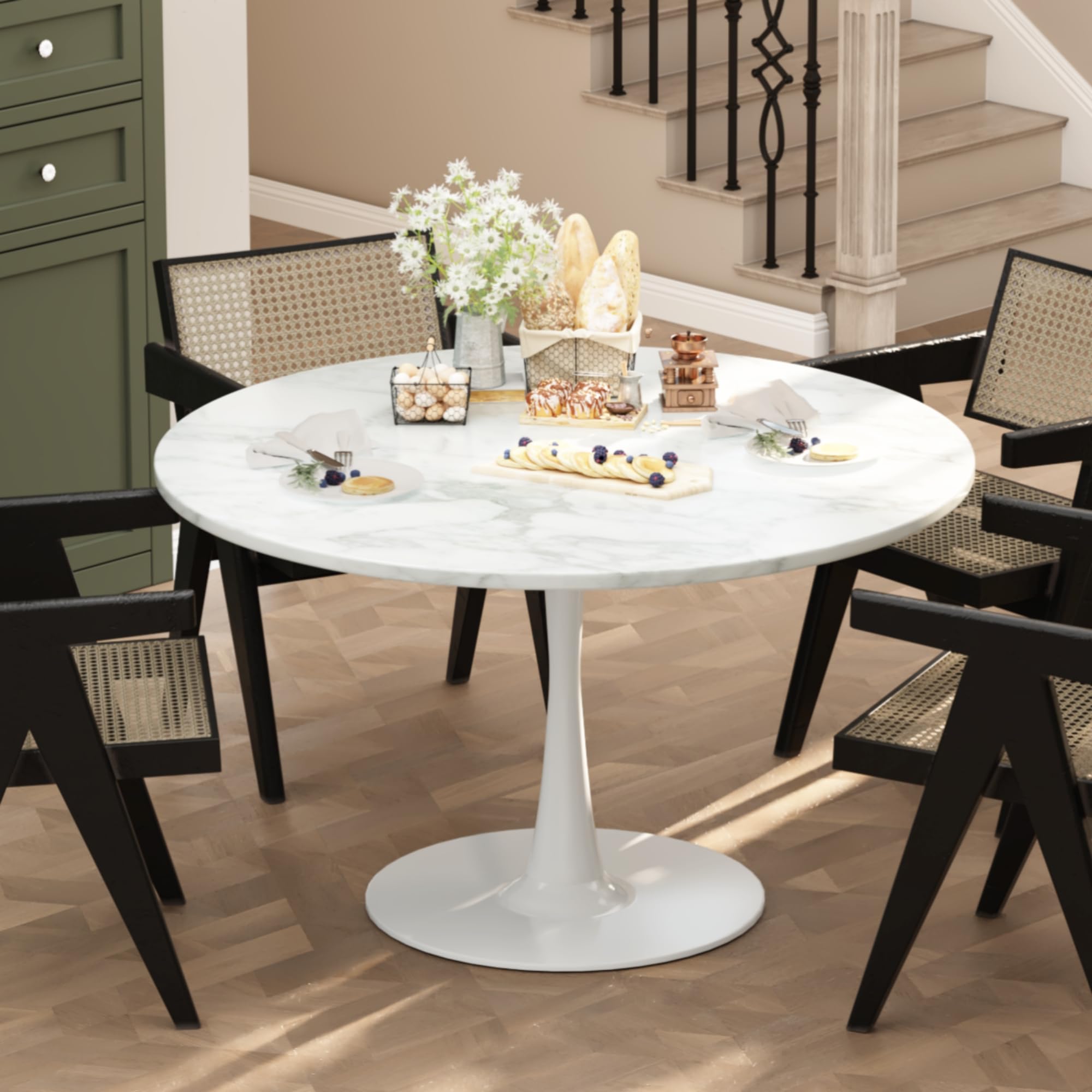 42 Inch Round Dining Table - White Marble Tulip Table with 0.71