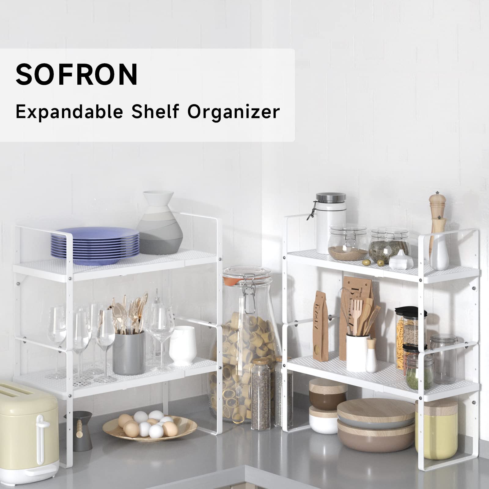 Expandable Cabinet Organizer Shelf - Stackable Storage Rack for Kitchen, Bathroom, Pantry & Office - Heavy Duty Non-Slip White Large Shelf (1 Pack) - Perfect for Spice Organization, Coffee Station & Countertop Storage