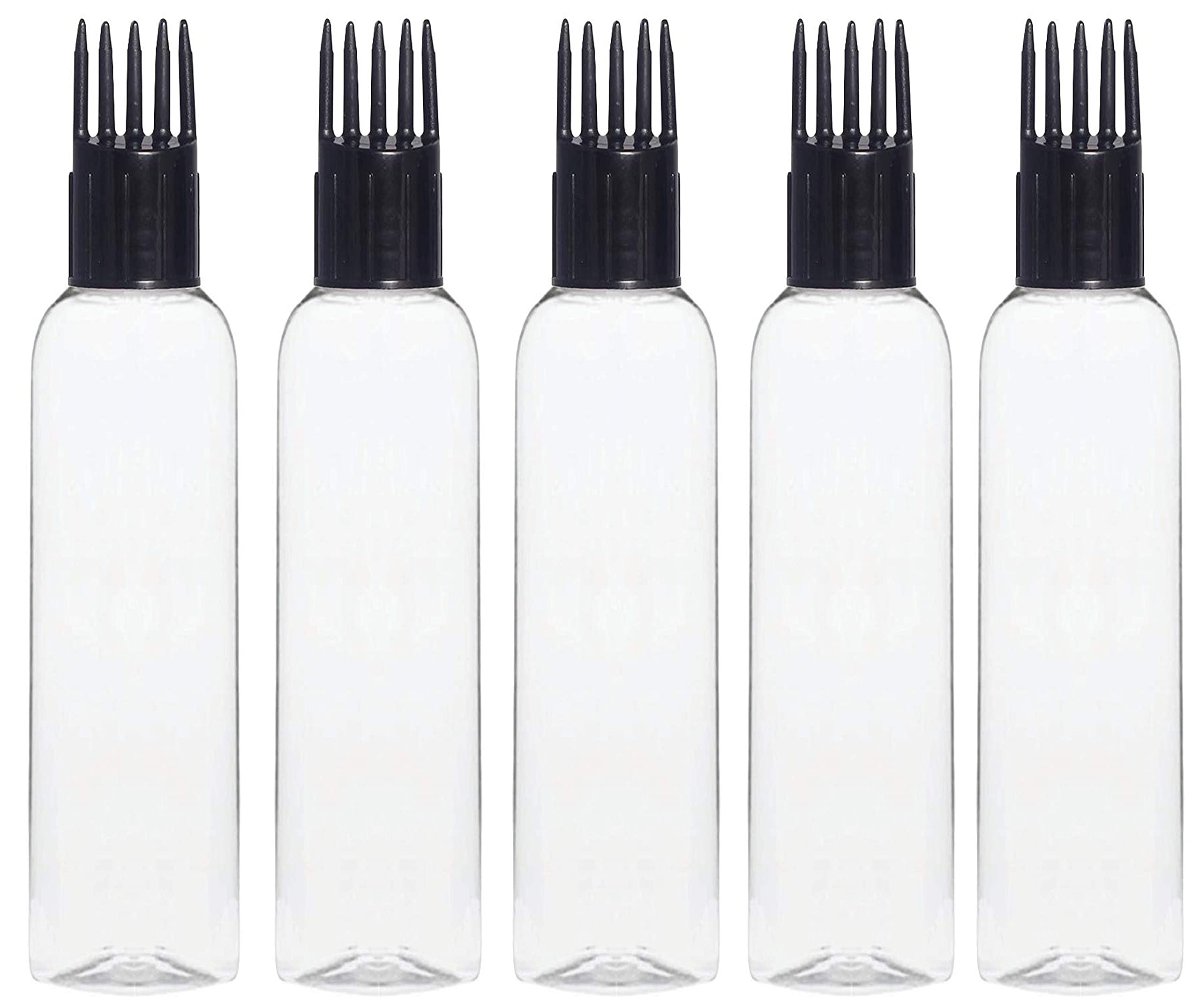 5-Pack 100ml Clear Empty Hair Root Applicator Bottles with Black Comb Cap & Plug - Perfect for Hair Oil, Shampoo & Medicine Application - Ideal for Salon, Home Hair Care & Scalp Treatments