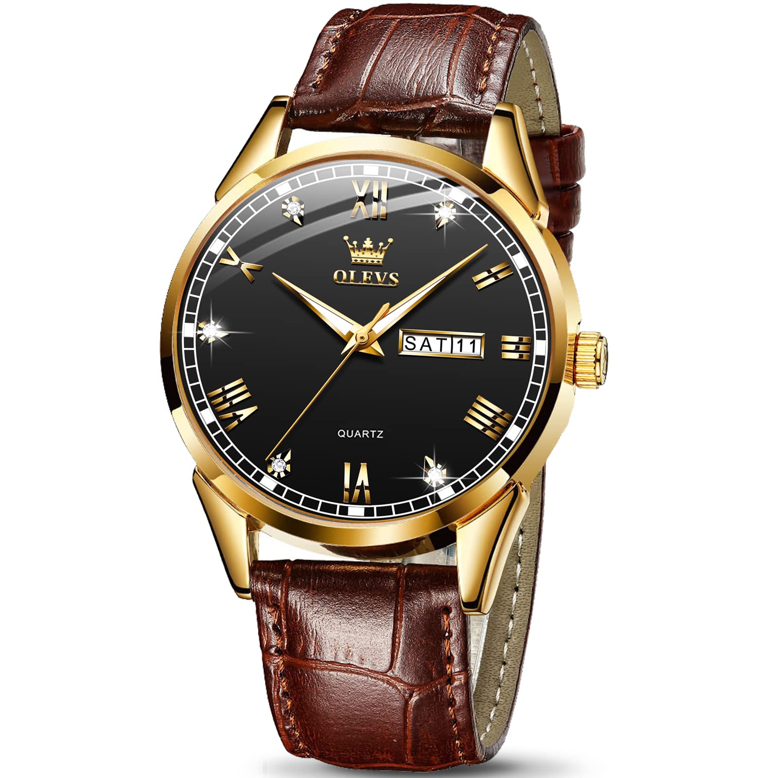 OLEVS Men's Brown Leather Watch - Rose Gold Quartz, Waterproof & Luminous for Dress & Daily Use