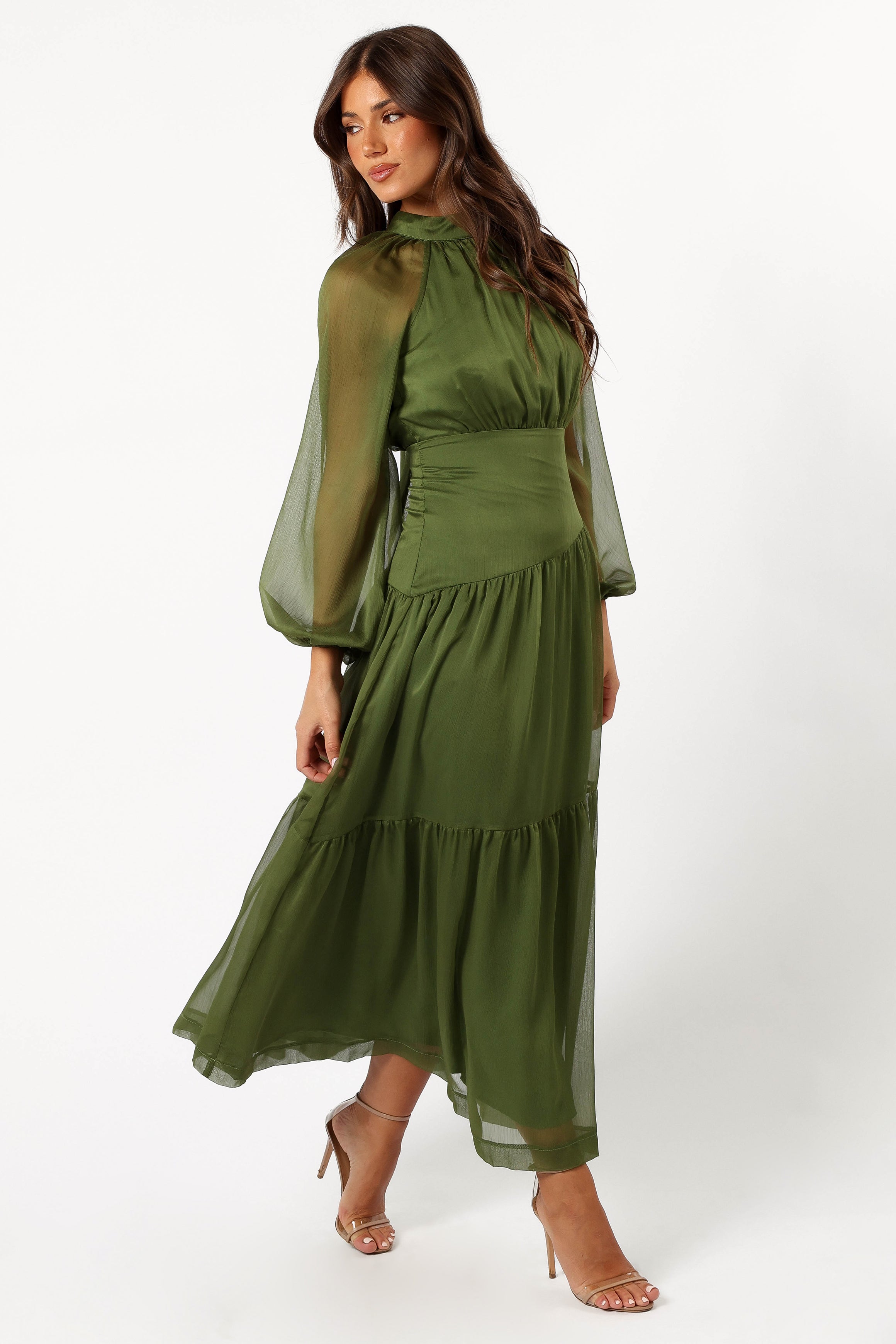 Julip Sheer Long Sleeve Maxi Dress for Women - Olive Green Flowy Boho Beach Cover Up Dress for Summer Vacation, Date Night & Outdoor Parties