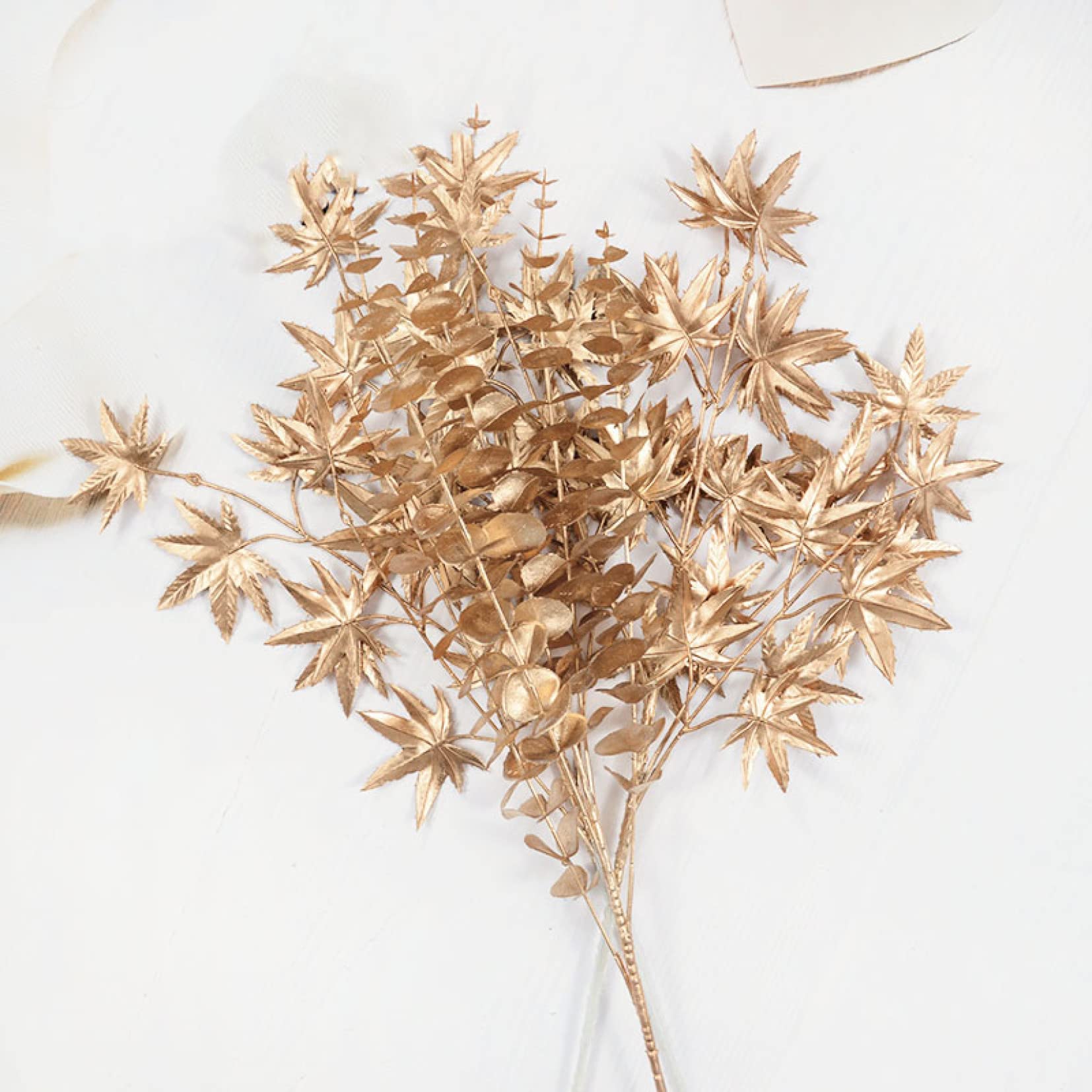 EBRICON 2 Pack Gold Artificial Eucalyptus Stems - Fake Fern Leaf Plants with Peacock Feather Branches for Vase Filler, Home Decor, Wedding Centerpieces & Christmas Party Decoration | Perfect for Table Settings, Mantel Displays and Seasonal Arrangements