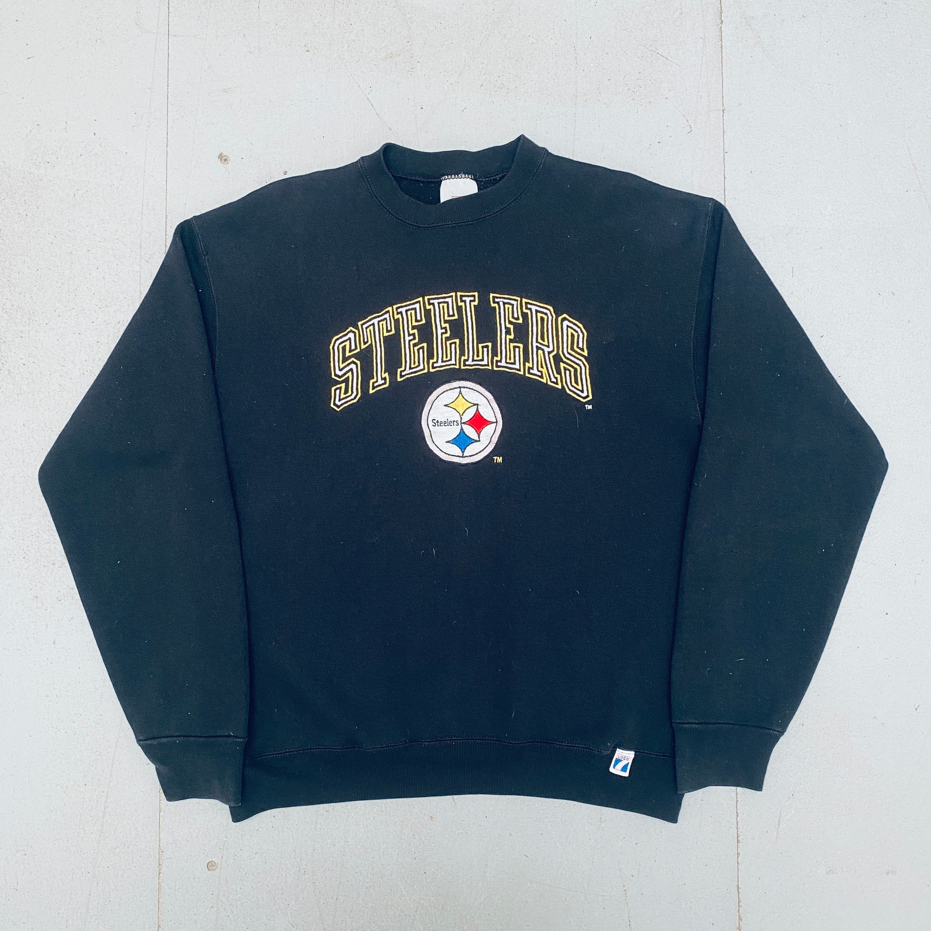 Pittsburgh Steelers 1990s Logo 7 Embroidered Spellout Sweatshirt - Men's Vintage NFL Football Fan Apparel for Game Day & Casual Wear