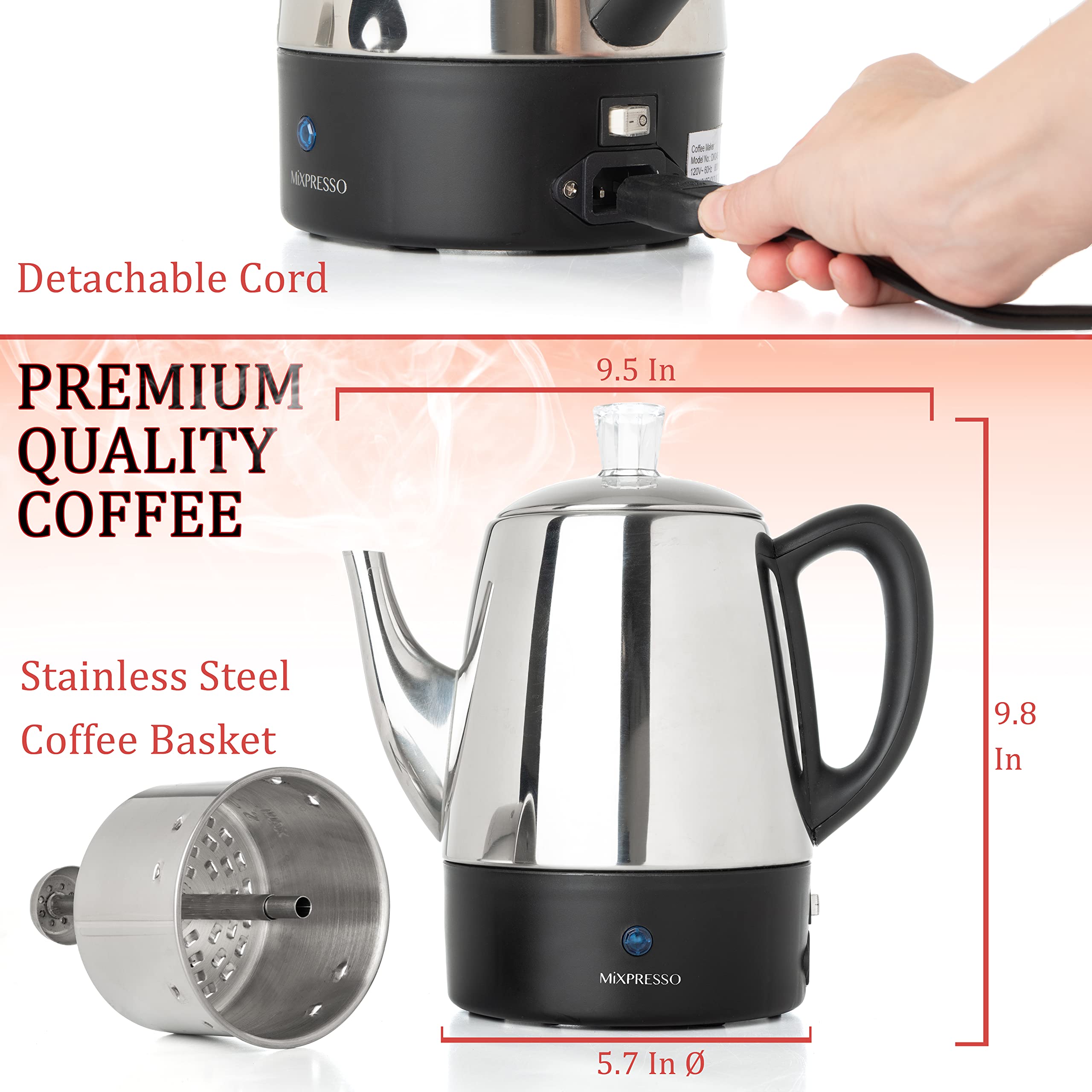 Mixpresso 4-Cup Electric Coffee Percolator with Keep Warm Function, Stainless Steel Coffee Maker with Removable Basket - Perfect for Home, Office, or Camping Use