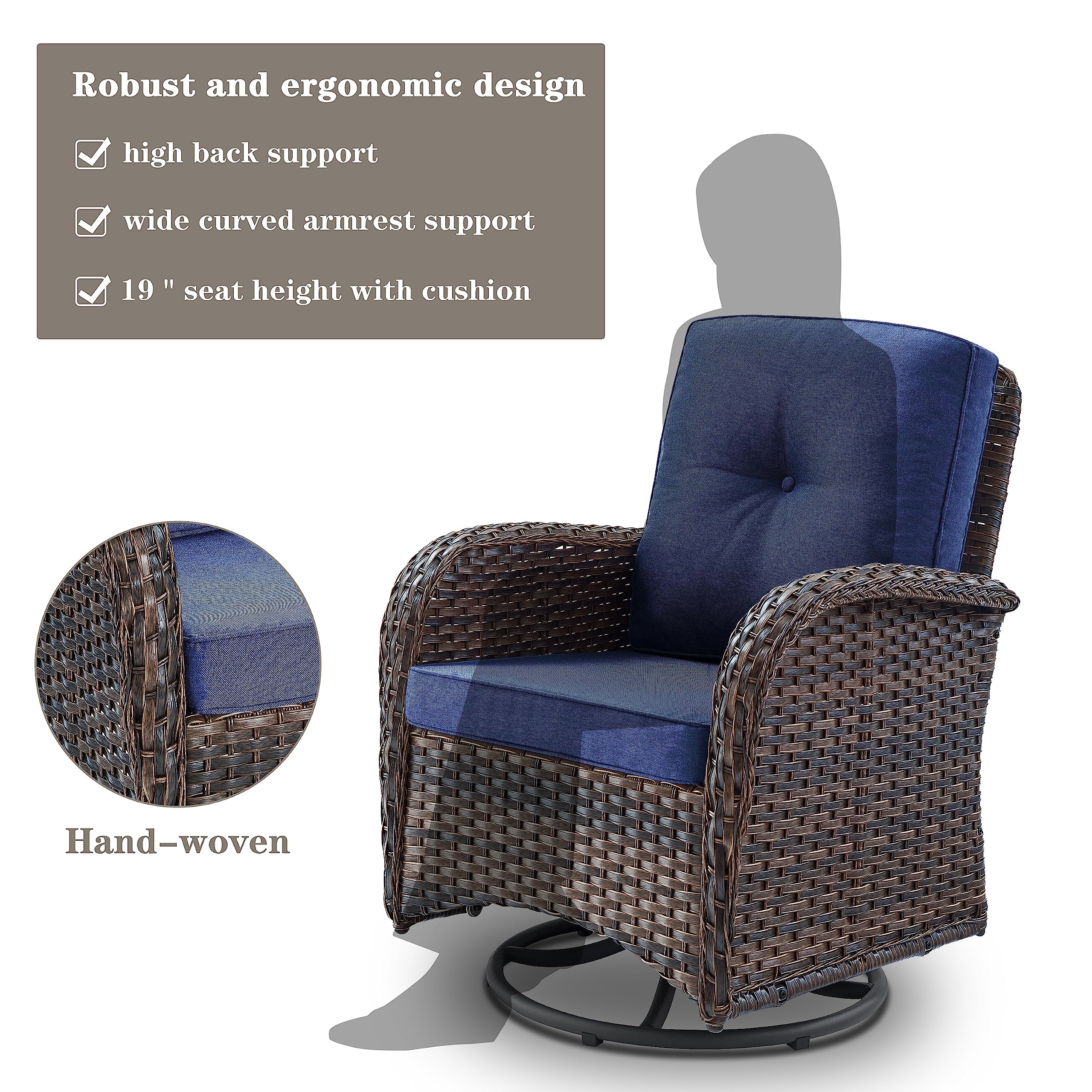 PE Wicker Patio Swivel Glider Chair with Cushions - Outdoor Rocking Chair for Porch, Deck & Balcony - Brown Wicker with Blue Cushion - Perfect for Relaxing, Sunbathing & Entertaining Guests