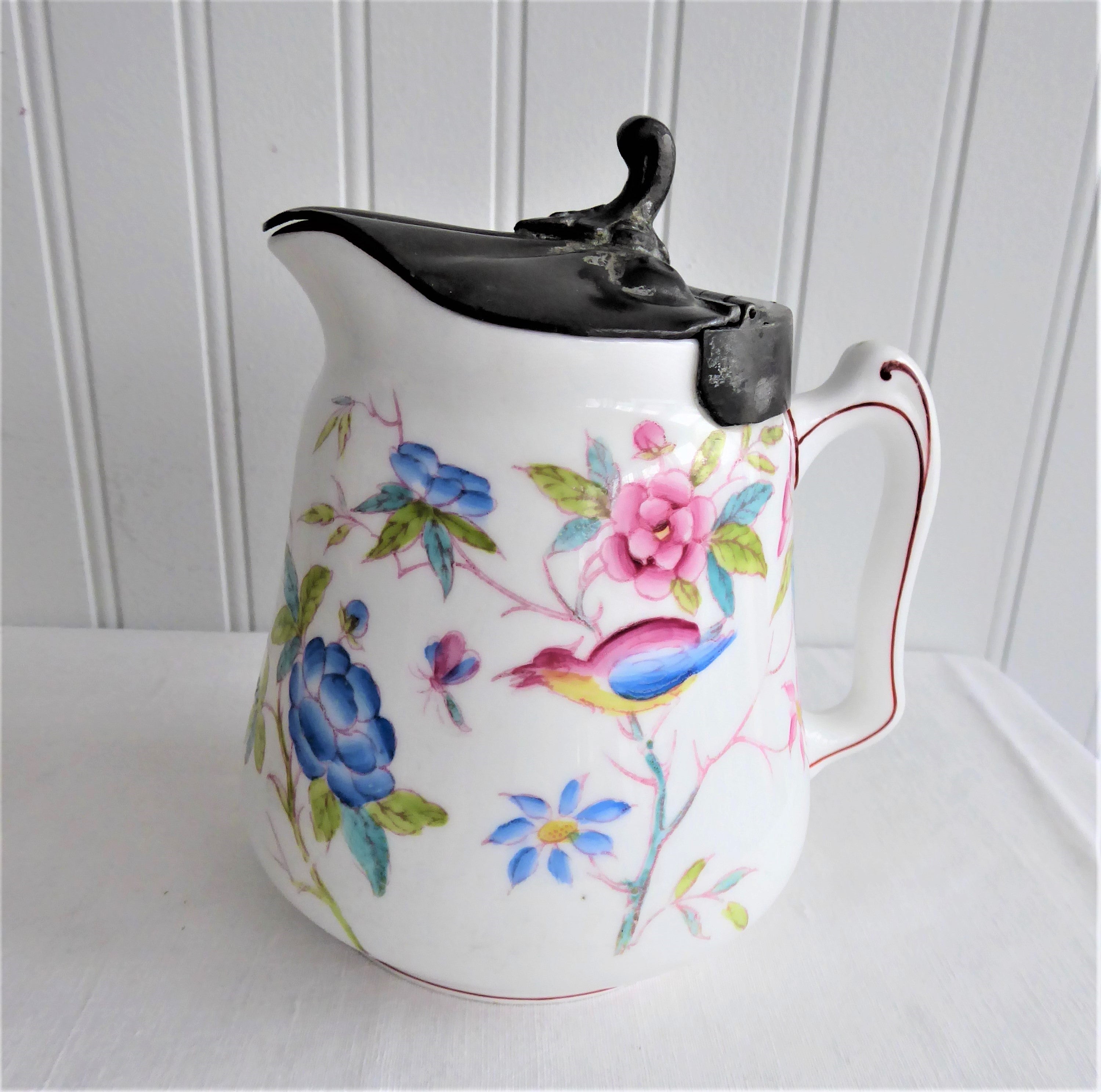 Antique English Aesthetic Movement Hot Water Jug with Pewter Lid - Victorian Floral Pitcher 1880s for Tea Service & Home Decor