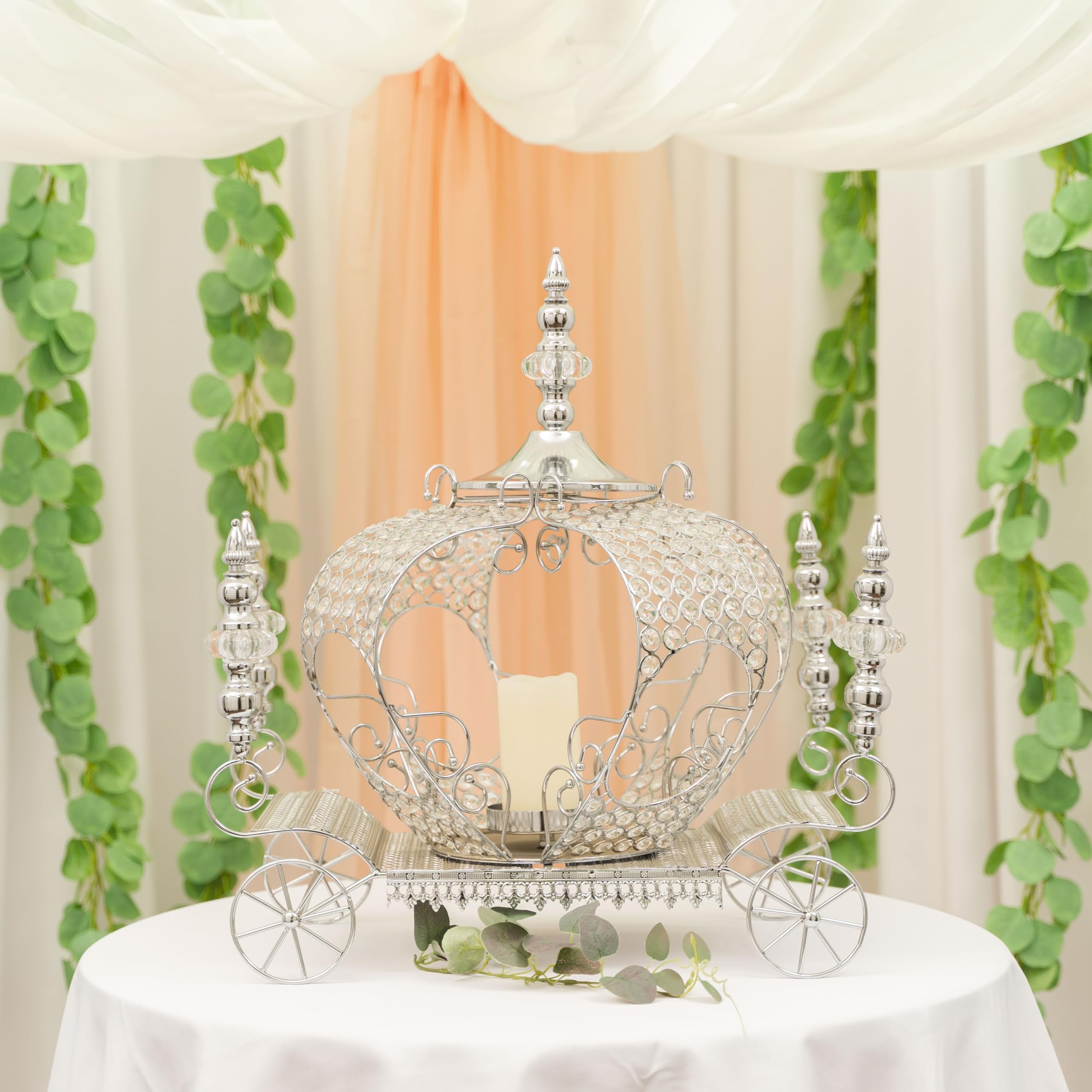 Elegant Silver Crystal Iron Wire Pumpkin Carriage Candle Holder - 23.5