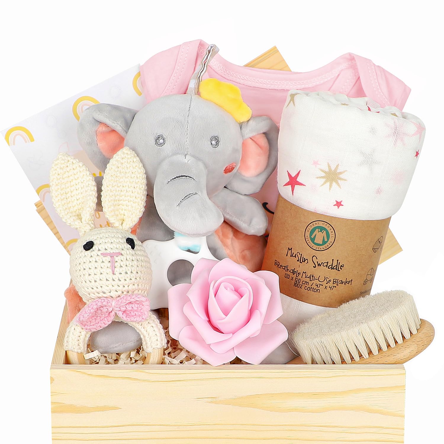 **Baby Girl Gift Set - Newborn Essentials with Wooden Basket, Swaddle Blanket, Rattle Toy, Onesie & Hair Brush - Perfect Baby Shower Gifts for Girls**    *(Use Case: Ideal for baby showers, birthdays, christenings, or as a thoughtful welcome gift for newborn girls.)*