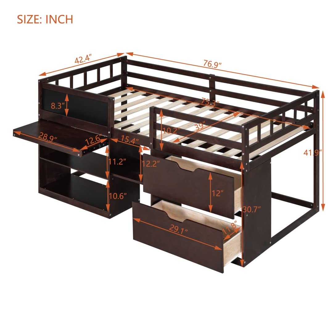 Twin Size Loft Bed with Rolling Desk & Storage - Low Loft Bed Frame with 2 Drawers, Open Shelves & Blackboard for Kids - Space-Saving Wood Bed for Boys & Girls (Espresso) - Perfect for Small Bedrooms, Dorm Rooms & Kids' Study Areas