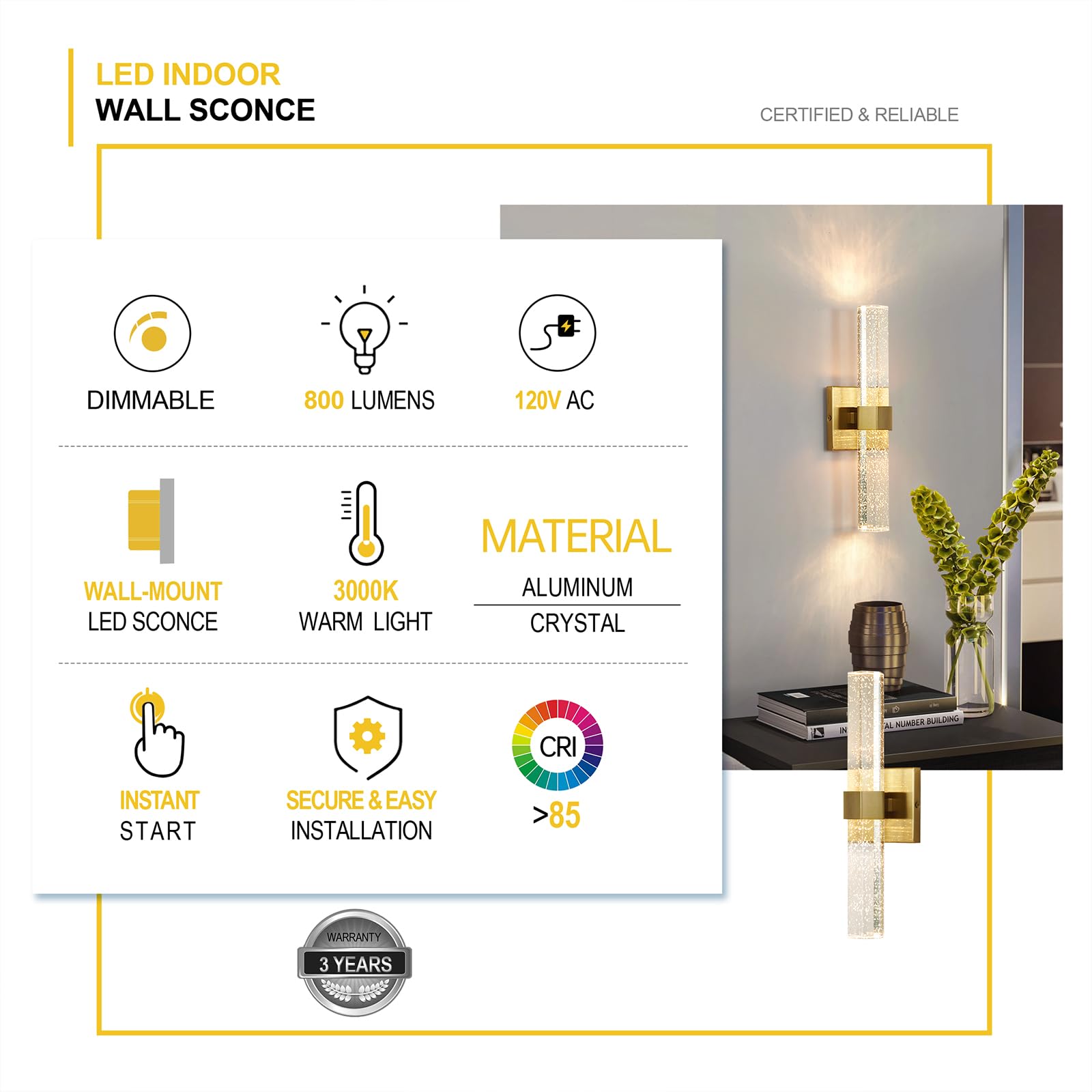 Gold Wall Sconces Set of 2 - 14W Dimmable LED Crystal Bathroom Light Fixtures with Bubble Glass (15.7 Inch) - Indoor Vanity Lighting for Bathroom, Hallway & Bedroom (2 Pack) | Perfect for Modern Home Décor & Ambient Lighting