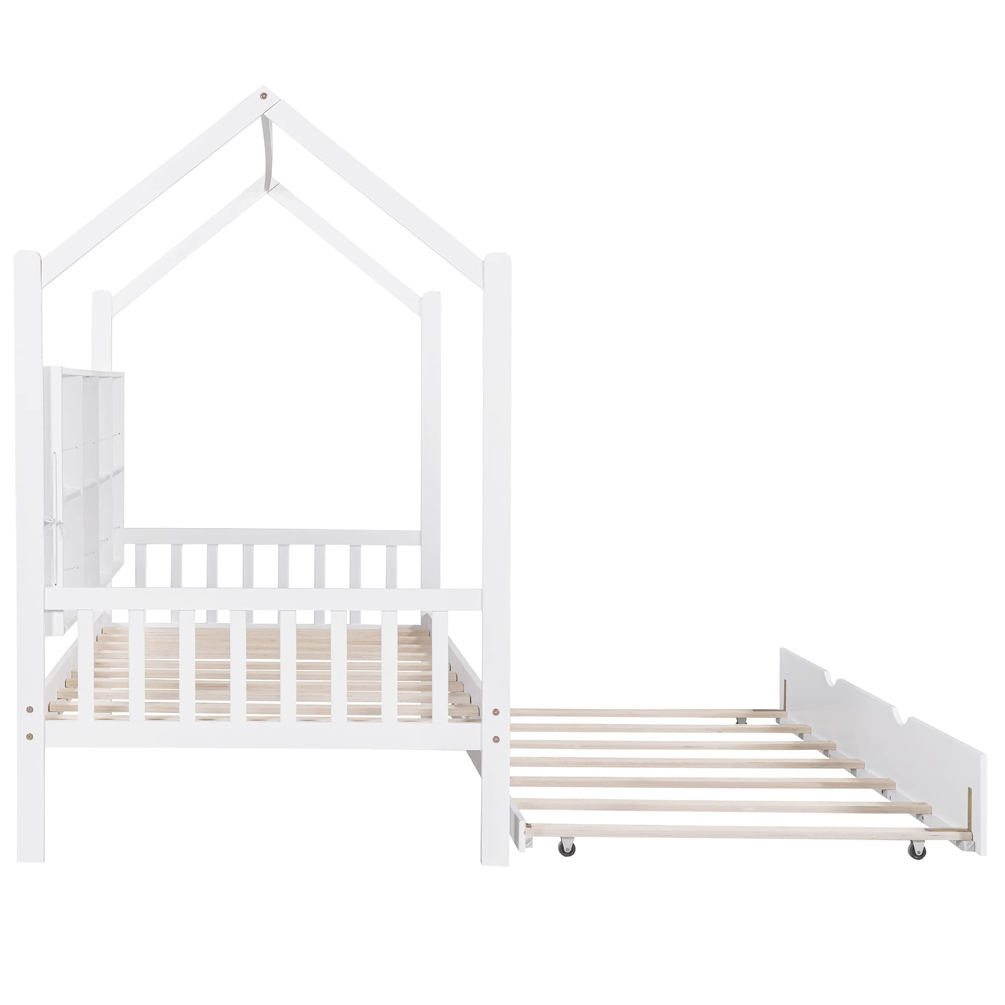 Harper & Bright Designs Twin Size House Bed with Trundle - Solid Wood Twin House Bed Frame with Storage Shelf, Playhouse Bed for Kids & Toddlers (Girls & Boys), No Box Spring Needed, White - Perfect for Bedroom, Playroom & Nursery Decor