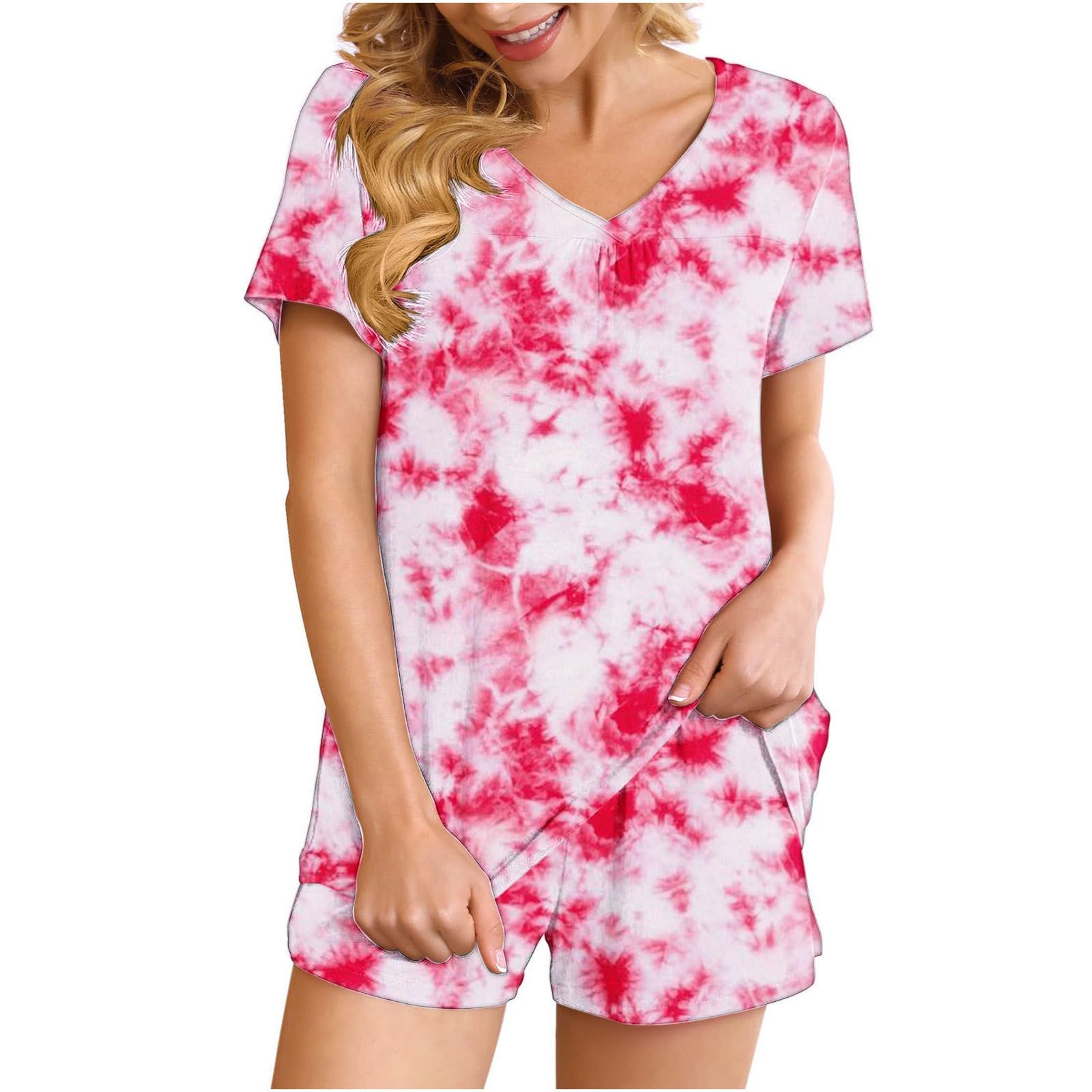 Women's 2-Piece Lounge Pajama Set - Soft Short Sleeve Sleepwear & Comfortable Shorts - Printed Nightwear Outfit for Relaxing at Home or Sleepovers