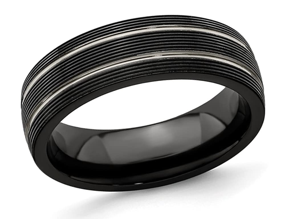 Gem And Harmony Men's Black Titanium Textured Groove Band Ring (7mm) - Stylish Wedding Band, Anniversary Gift for Him, Everyday Fashion Jewelry for Men