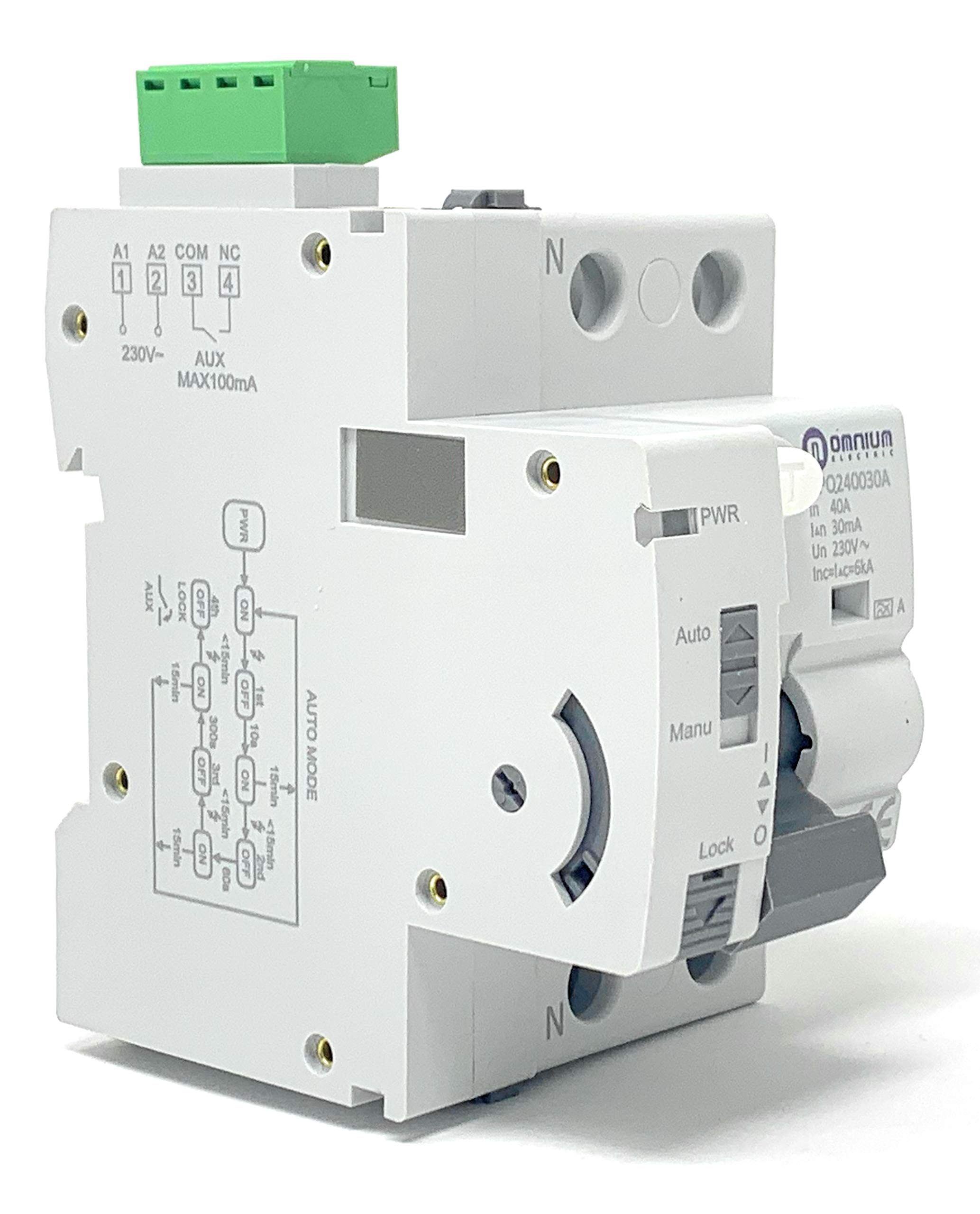 OMNIUM ELECTRIC - Auto-Resetting Differential Circuit Breaker 6kA, 2P - 40A, 30mA Class A Super-Immunized - Ideal for Home & Industrial Electrical Protection