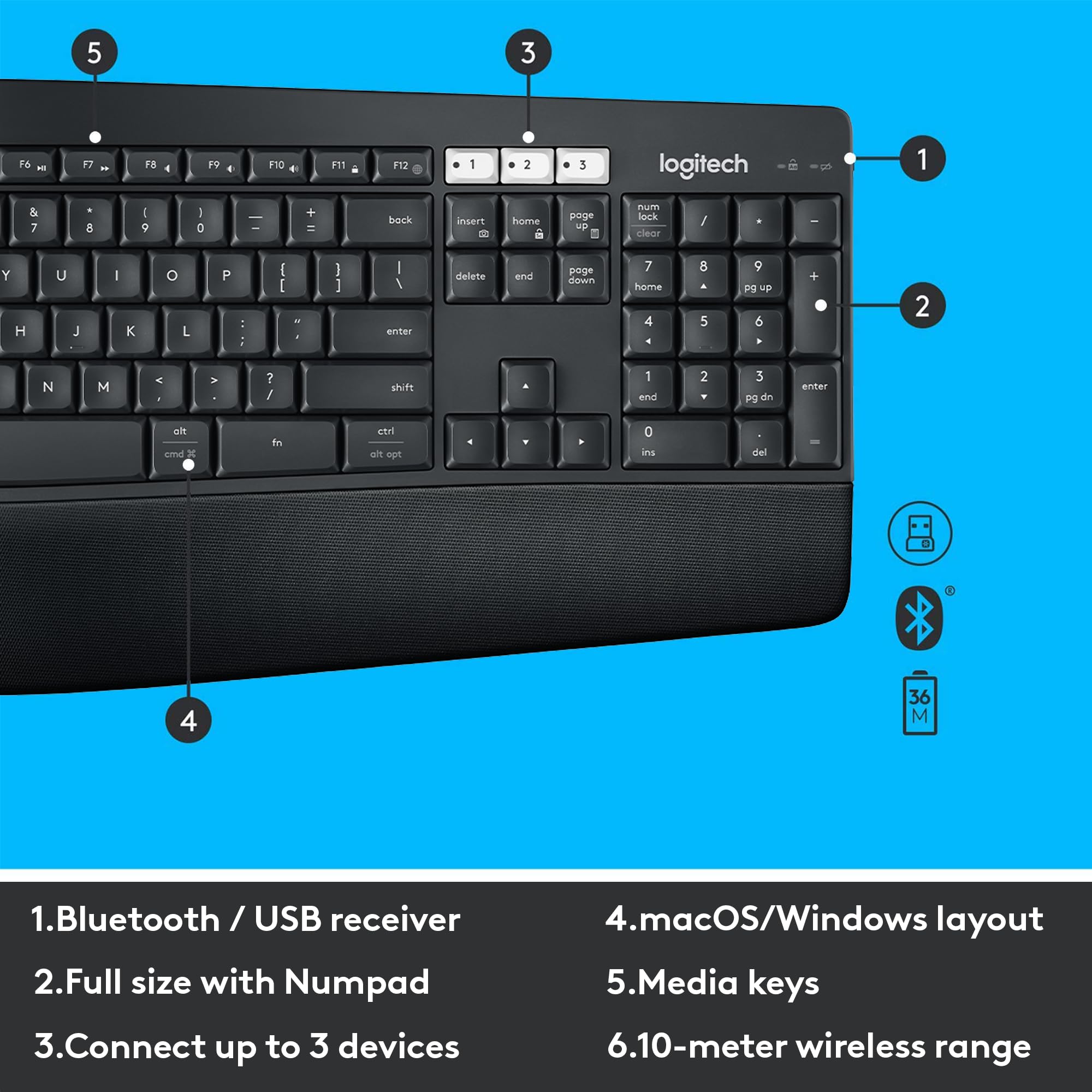 Logitech MK850 Wireless Keyboard and Mouse Combo - Ergonomic Full-Size Keyboard with 2.4GHz USB Receiver for PC/Mac - Perfect for Office Work, Gaming & Home Computing
