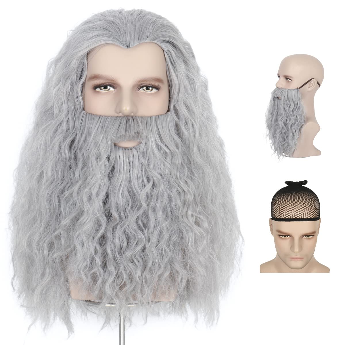 Long Gray Wizard Beard & Wig Set for Men - Halloween Costume Accessory, Adult Cosplay, Fantasy LARP, Themed Parties & Costume Events