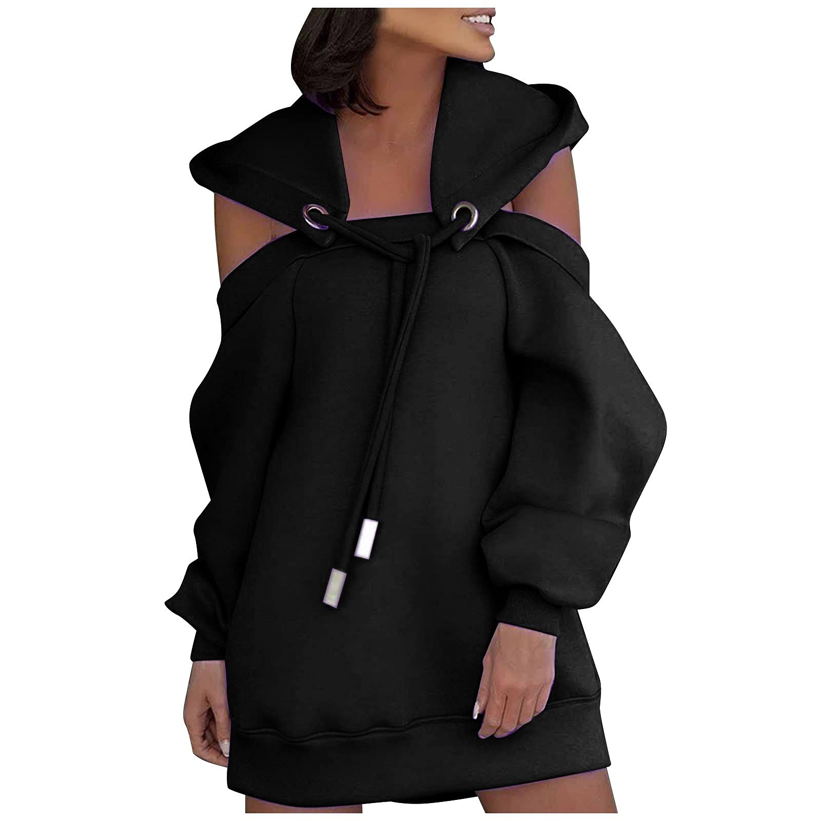 RFNIU Women's Black Off Shoulder Sweatshirt Dress - Hollow Out Shoulder Hooded Tunic Shirt with Long Sleeves | Casual Loose Fit for Streetwear, Date Night & Fall Fashion