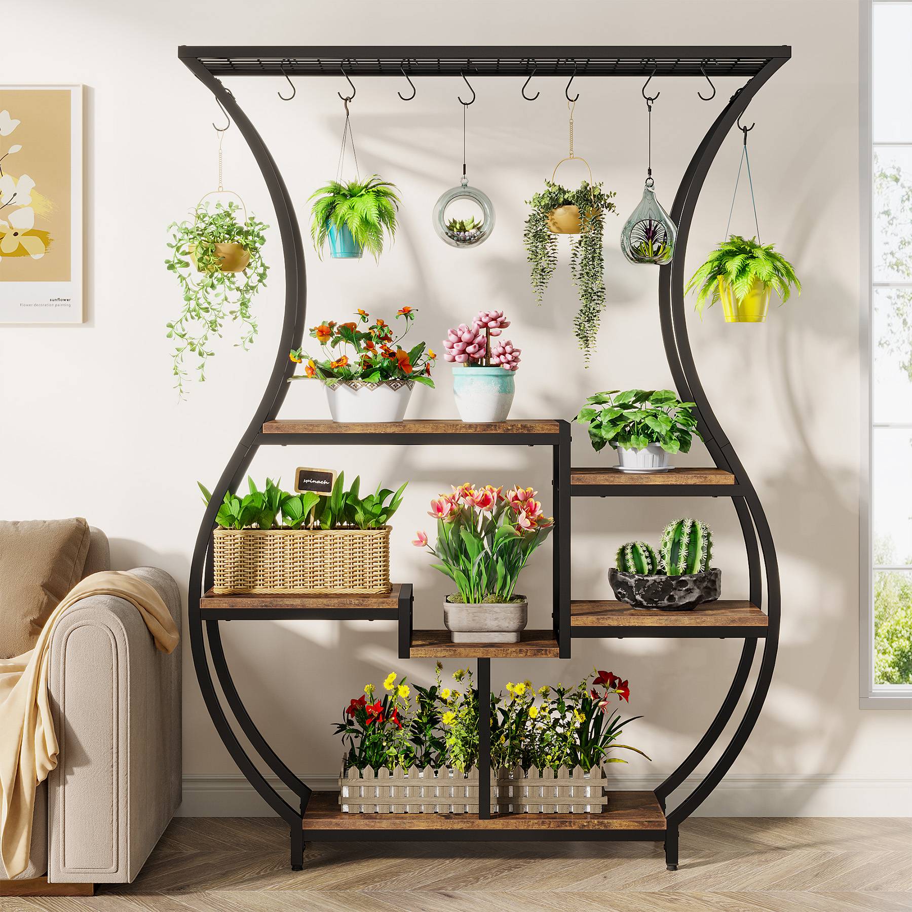 6 Tier Vase Shaped Plant Stand with 10 Hanging Hooks - Multi-Level Flower Pot Holder for Indoor/Outdoor Decor, Balcony & Garden Plant Display Rack