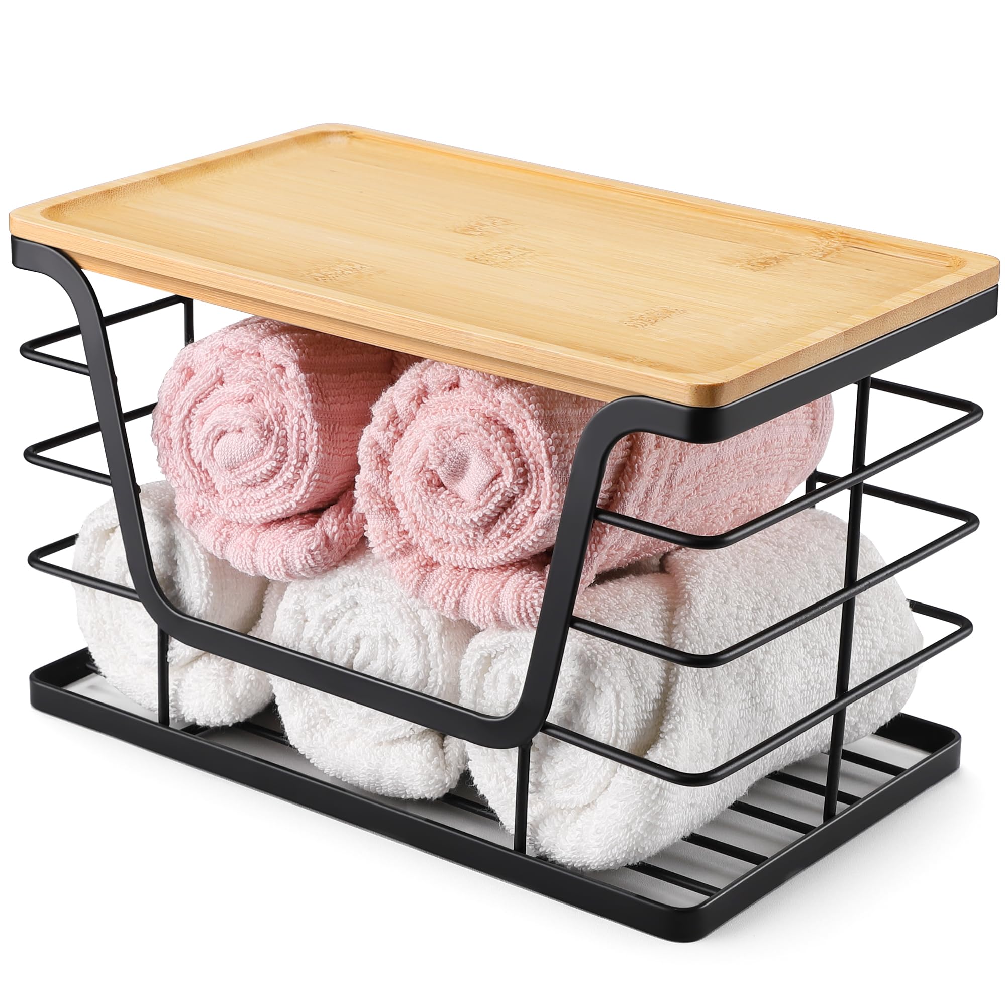2 Pack Stackable Bamboo Top Storage Organizers for Kitchen & Laundry - Wall Mount Trash Bag Holder & Garbage Bag Dispenser - Perfect for Pantry, Bathroom, Garage Organization & Waste Management