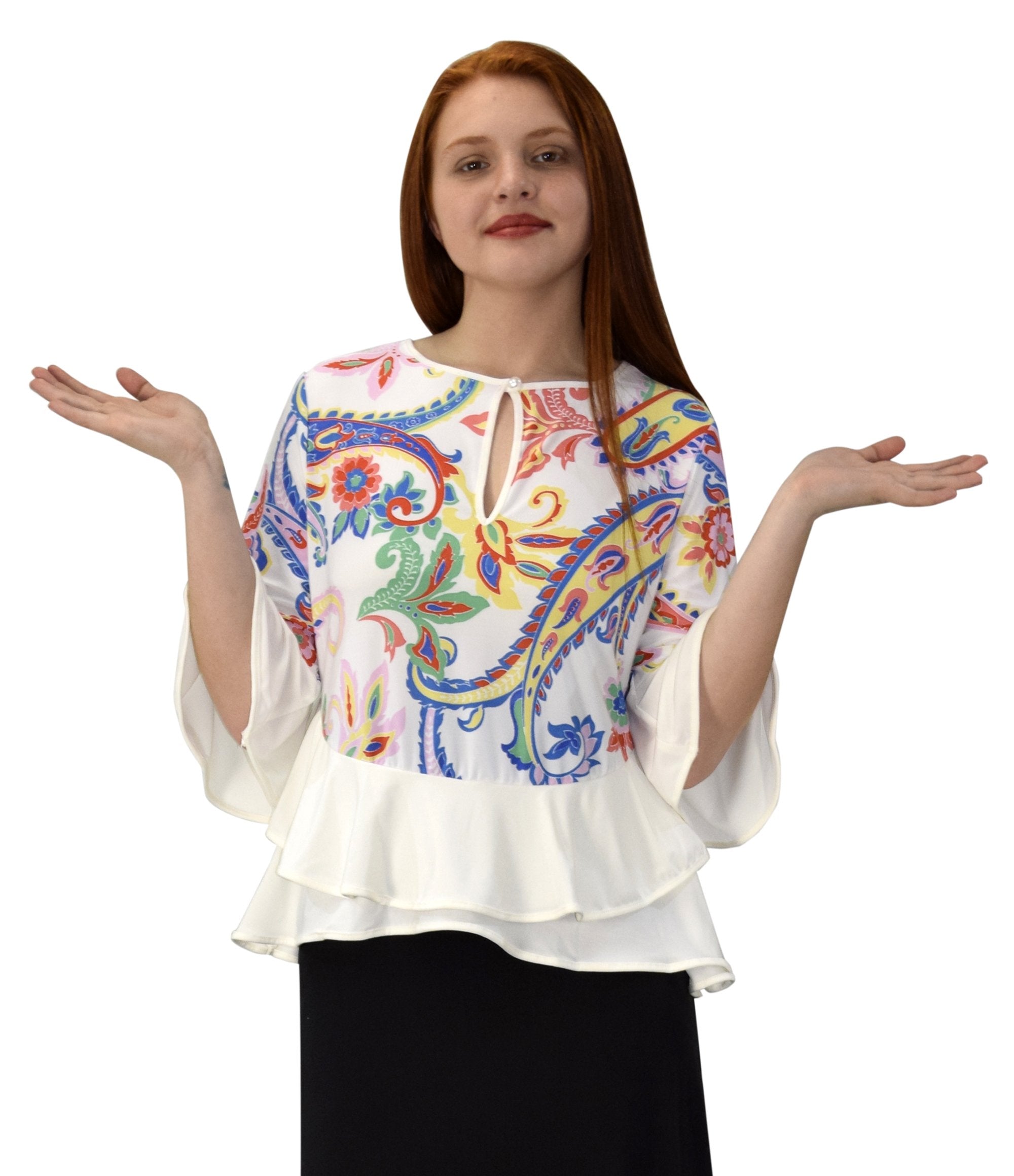 Women's Floral Bell Sleeve Blouse with Keyhole Neck & Double Hem - Elegant Boho Tops for Office, Date Night & Spring Outfits