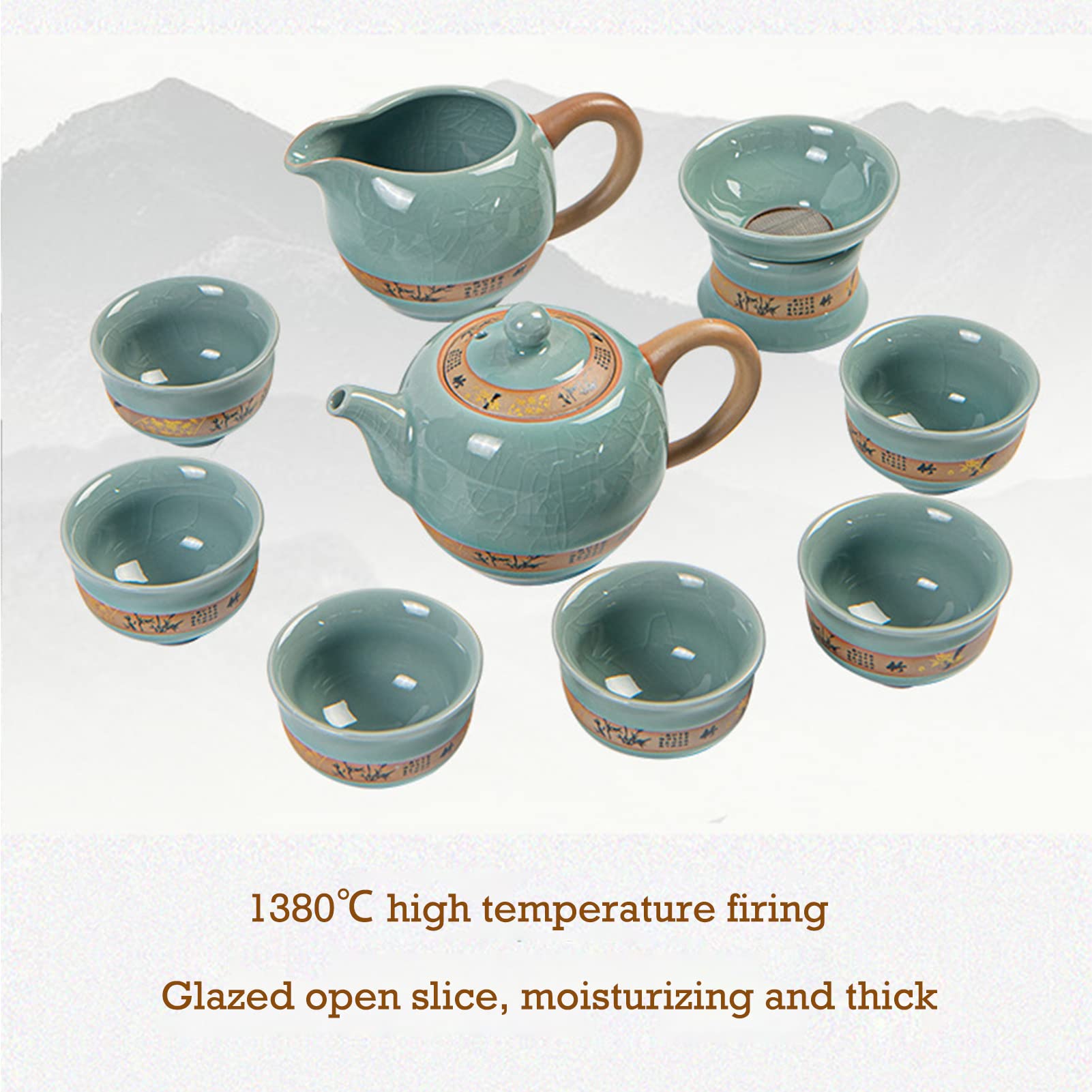 Premium ORHA 9-Piece Chinese Ceramic Tea Set - Kung Fu Teapot, Gongdao Cup, Tea Infuser & 6 Tea Cups - Elegant Gift for Clients, Home, Restaurant or Tea House - Perfect for Traditional Tea Ceremonies & Relaxing Afternoon Tea Time
