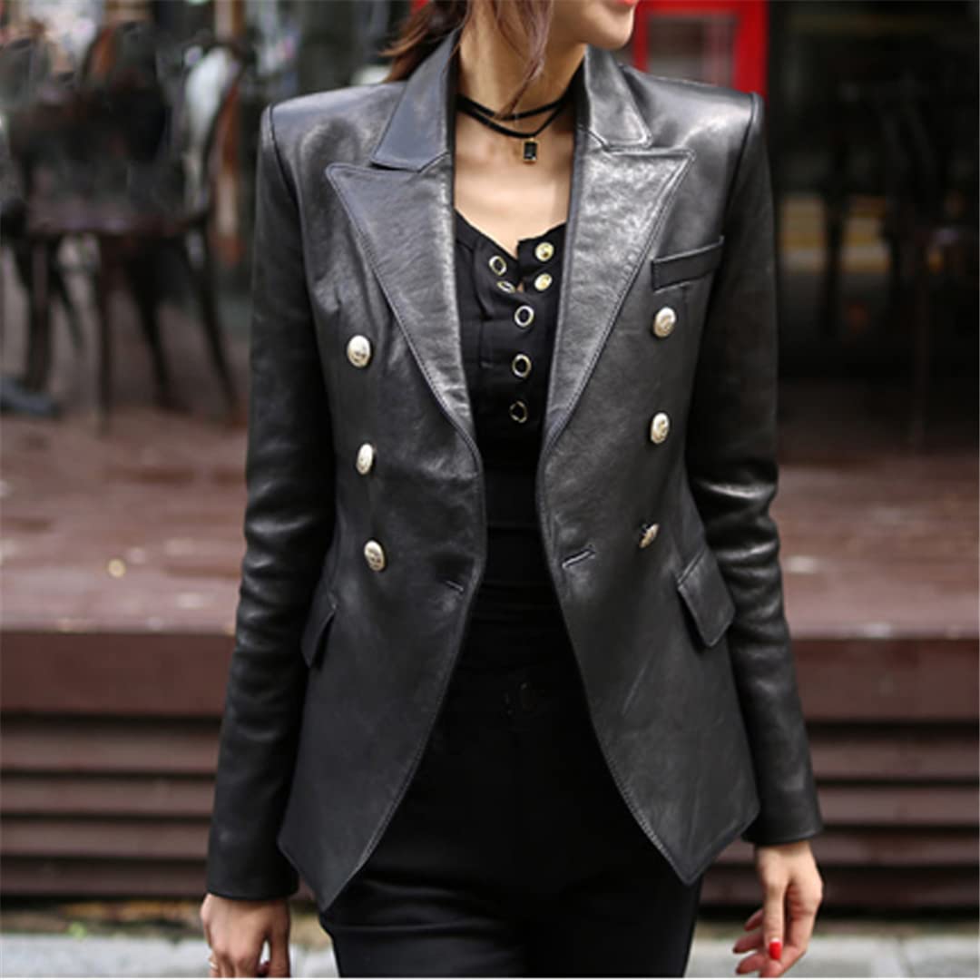 2022 Women's Black Faux Leather Biker Jacket with Buttons & Turn-Down Collar - Spring Autumn Basic Coat for Casual Outfits & Motorcycle Riding (Size M)