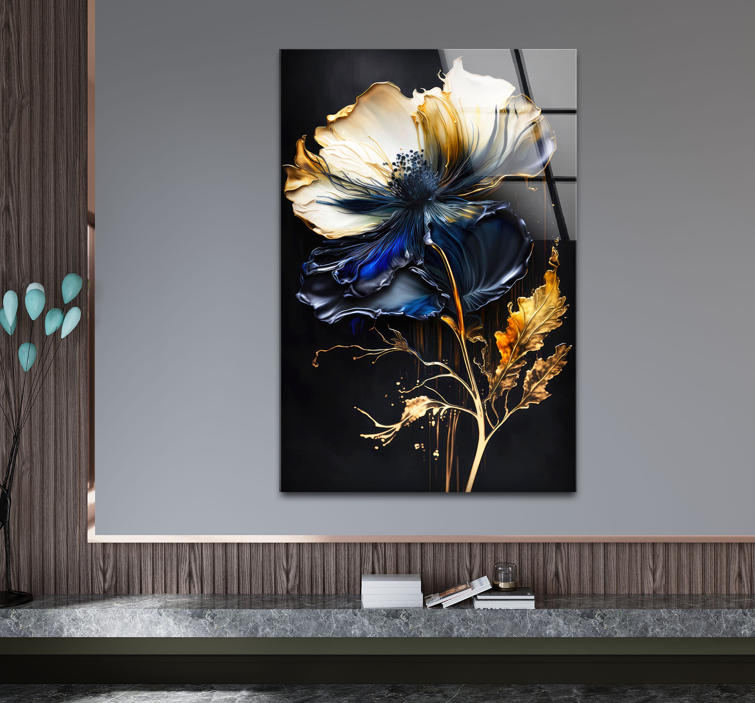 Blue and Gold Floral Wall Art - Elegant Dark Botanical Glass Print for Modern Luxury Home Decor | Perfect for Living Room, Bedroom & Office Wall Decor