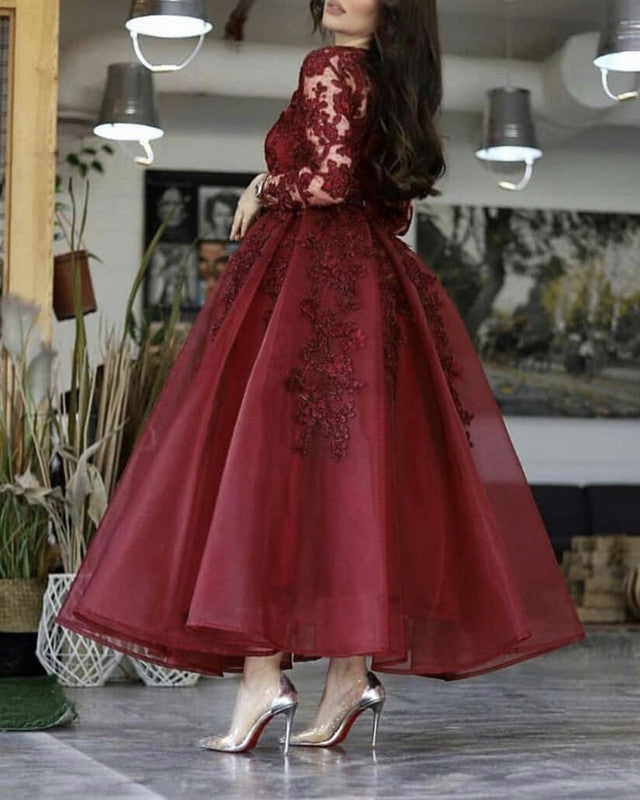 Elegant Burgundy Long Sleeve Lace Wedding Guest Dress 2025 - Ankle Length Prom Gown for Evening Parties, Cocktail Events & Formal Occasions