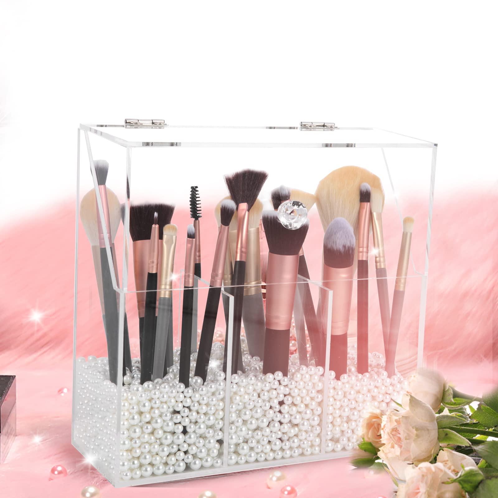 Clear Acrylic Makeup Brush Holder with 3 Compartments & Dust Cover - Large Capacity Cosmetic Organizer for Vanity Desk | Perfect for Makeup Artists & Beauty Enthusiasts