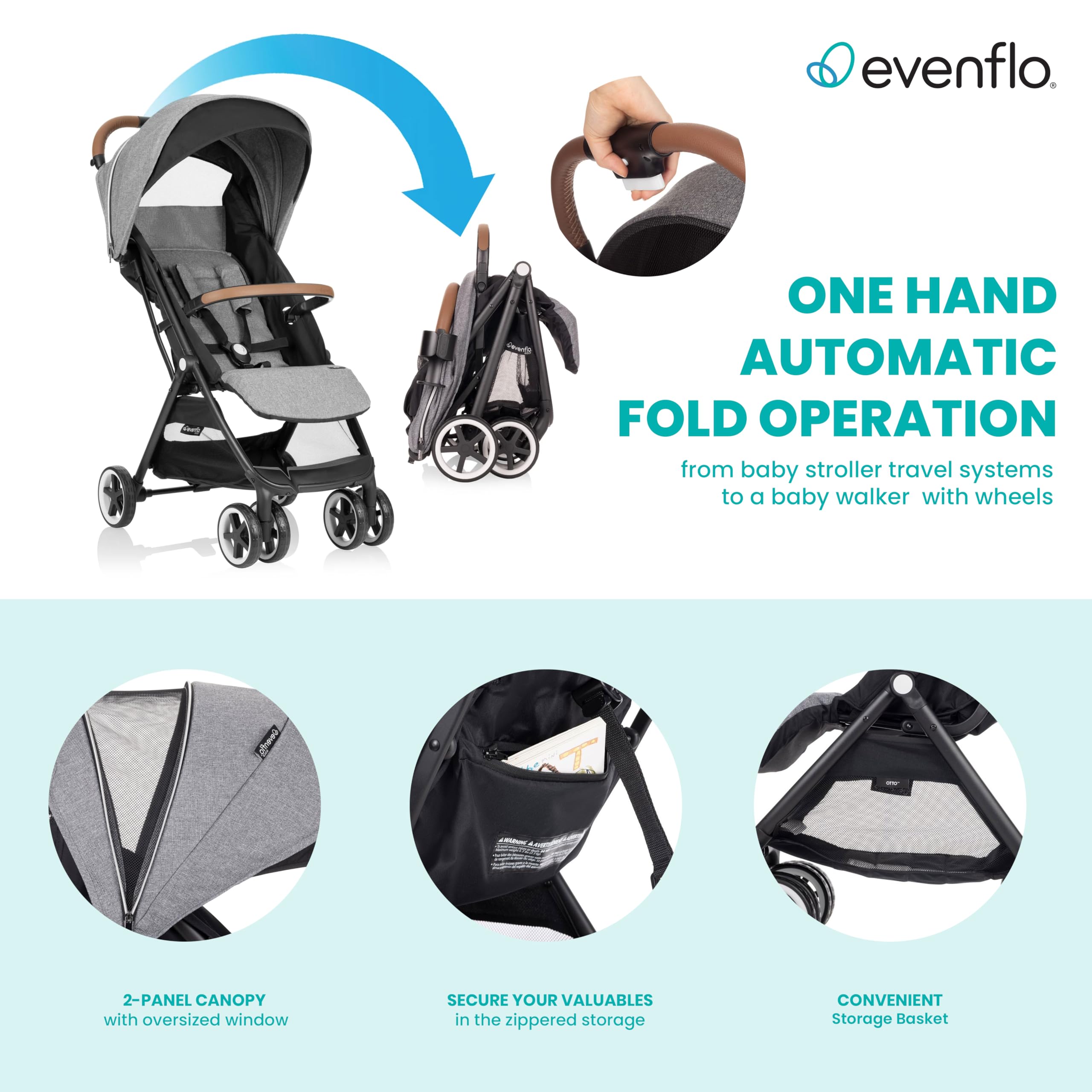 Evenflo Gold Otto Moonstone Self-Folding Lightweight Travel Stroller - Compatible with Baby Car Seats | Perfect for Air Travel, Shopping & Daily Outings