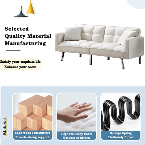 Velvet Convertible Futon Sofa Bed with 2 Pillows - 3-Position Adjustable Backrest, Modern Loveseat with 6 Sturdy Metal Legs for Living Room, Bedroom or Small Space (White) - Perfect for Guest Sleeping, Apartment Lounging & Studio Living