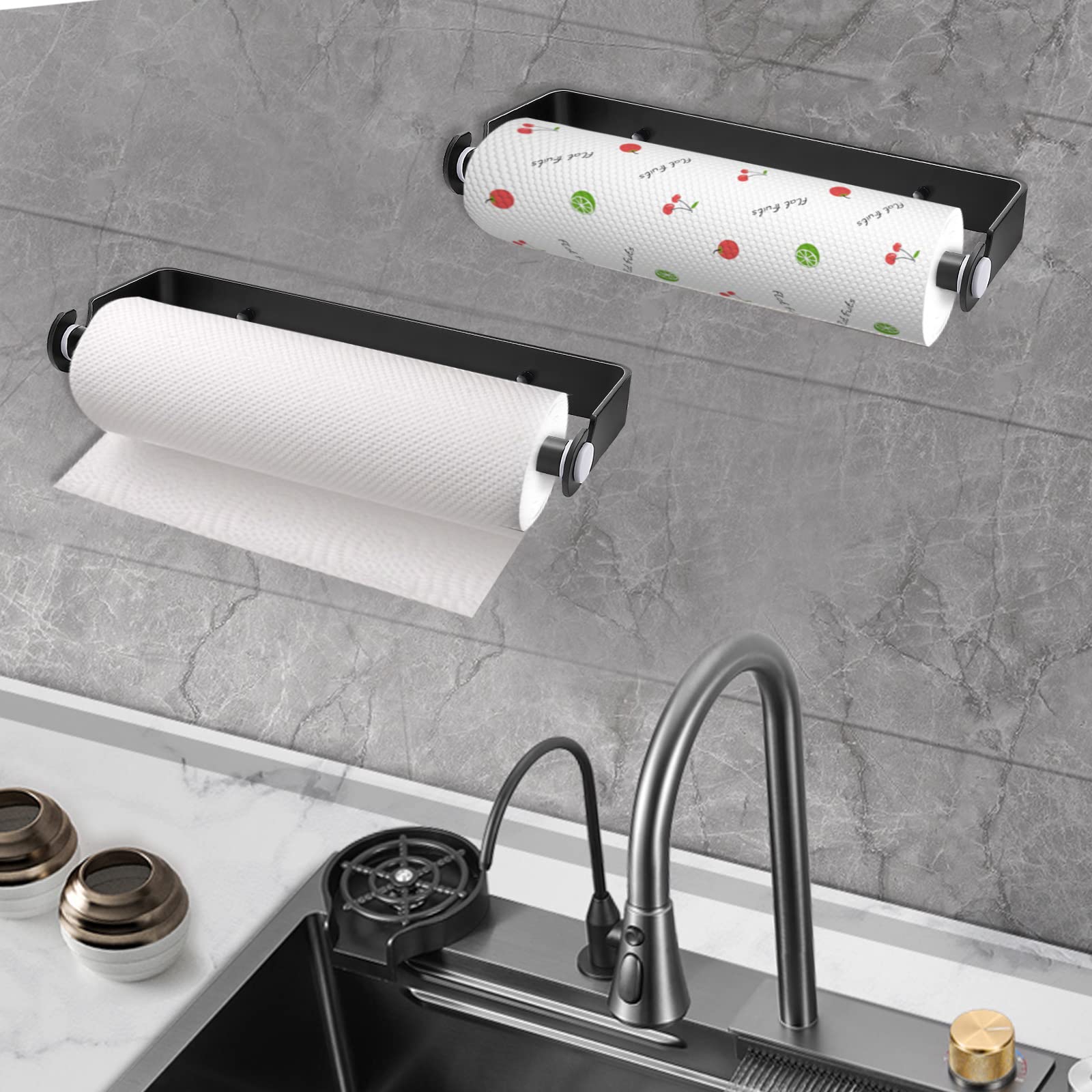 Under Cabinet Paper Towel Holder - No Drill Adhesive or Screw Mount, Space Saving Kitchen & Bathroom Organizer (Black) - Perfect for Small Spaces, RVs, Dorms & Apartments