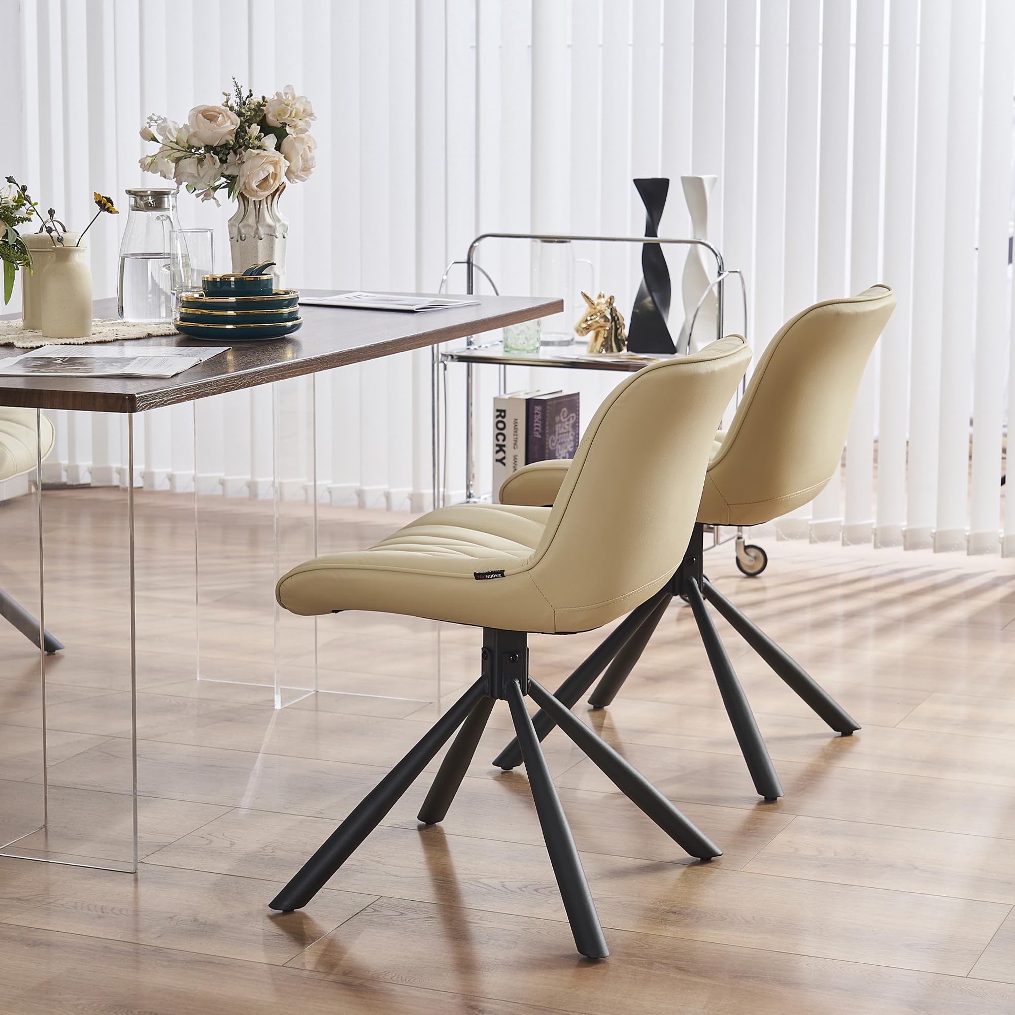 YOUNUOKE Mid Century Modern Dining Chairs Set of 2 - Upholstered Faux Leather Kitchen Chairs with Sturdy Metal Legs, Beige - Perfect for Dining Room, Kitchen, Restaurant & Home Decor
