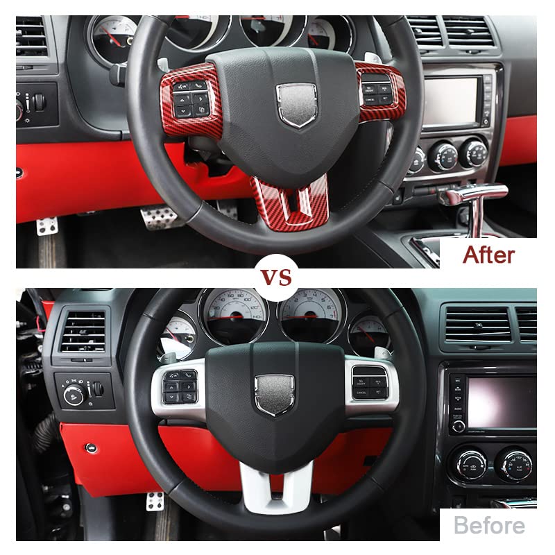 Linskip Steering Wheel Trim Cover - 3Pcs Red Carbon Fiber Design for Dodge Journey 2013-2022, Charger, Challenger, Durango, Dart 2009-2014 - Premium Interior Accessories for Enhanced Grip & Style - Perfect for Daily Commuting & Road Trips