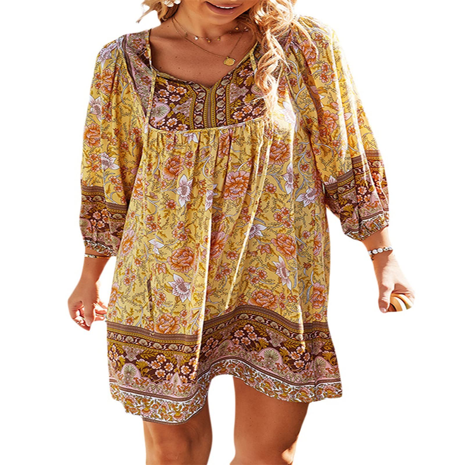 Women's Summer Beach Dress - Long Sleeve V-Neck Boho Vintage Floral Midi Loose Dress for Vacation, Pool Party & Casual Outings