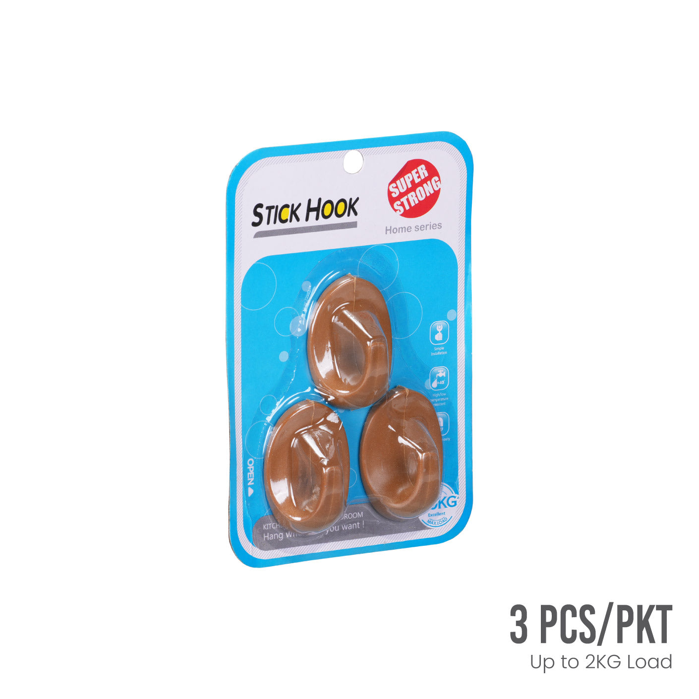 3-Pack Adhesive Wall Hooks #9093 Brown (HFH5113) - Heavy Duty Sticky Hooks for Hanging Coats, Hats, Keys & Home Decor in Kitchen, Bathroom, Entryway
