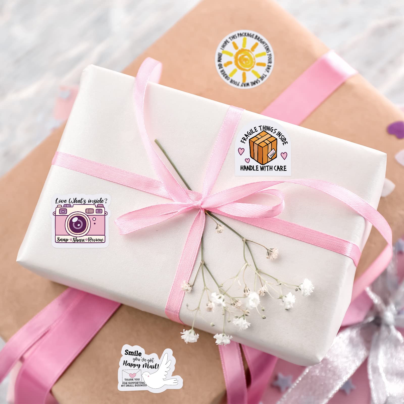 500 PCS Thank You Business Stickers - Small Package Labels, Cute Envelope Seals & Handle with Care Stickers - 4 Adorable Styles (1.77 Inch) - Perfect for Ecommerce Packaging, Mailers & Gift Wrapping