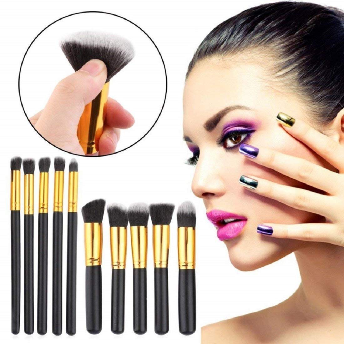 Premium Synthetic Makeup Brush Set - 10 Piece Professional Cosmetic Brushes Kit for Foundation, Blending, Contouring | Perfect for Makeup Artists & Beginners | Home & Travel Use