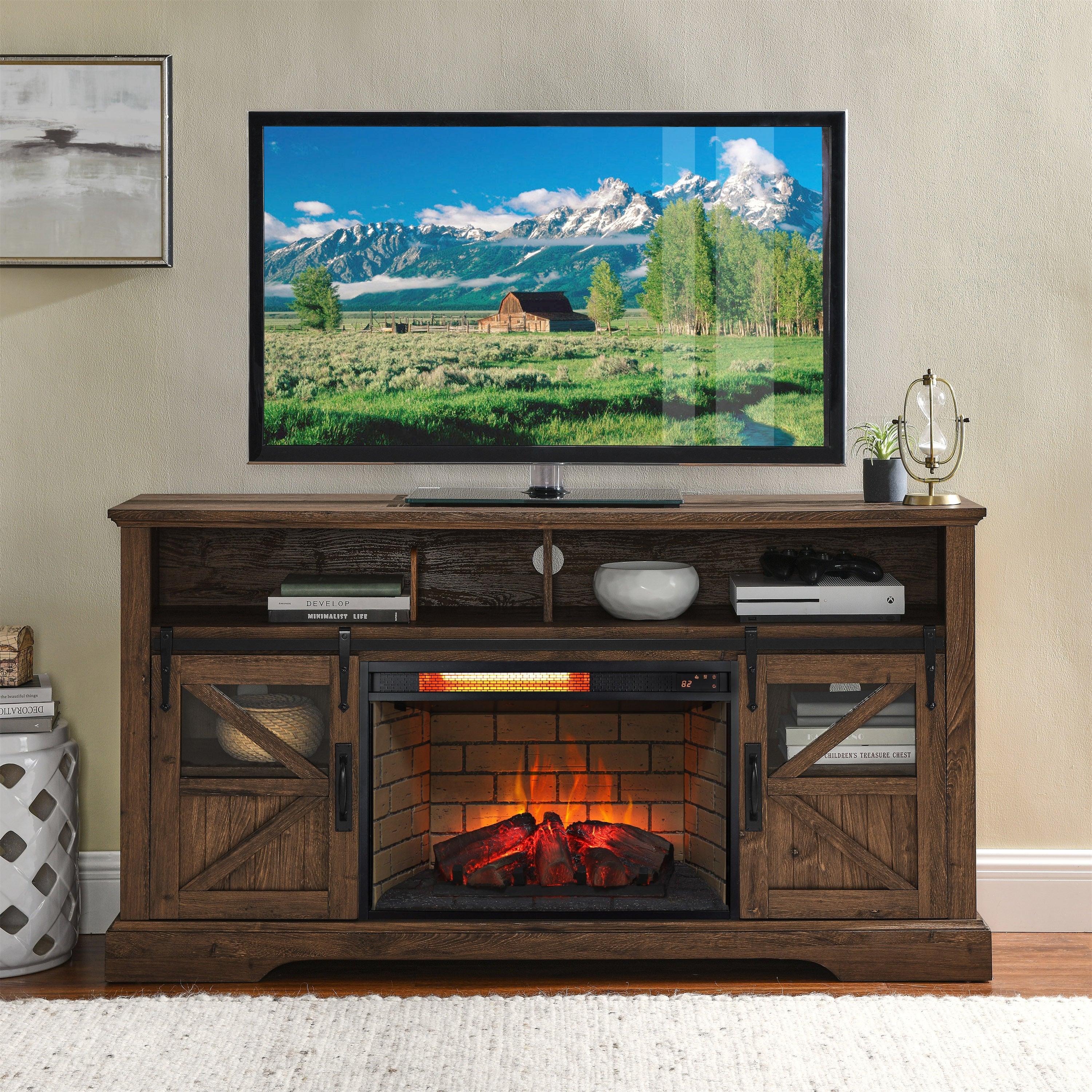 26 Inch Infrared Quartz Heater Fireplace Insert - Wood Log & Brick Design for Home, Office, and Patio Heating - Energy Efficient Indoor Electric Fireplace with Realistic Flame Effect
