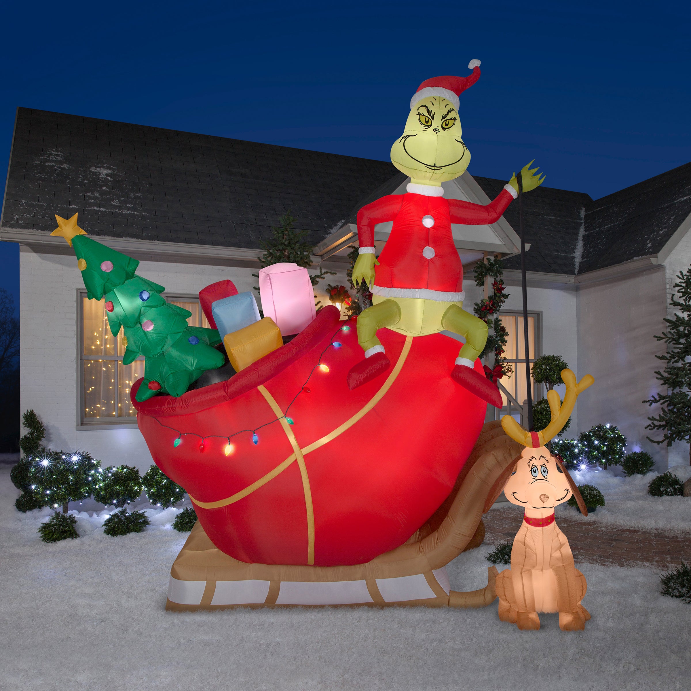 12 ft. LED Inflatable Grinch on Sleigh with Max - Christmas Yard Decoration for Holiday Outdoor Decor & Party Scene