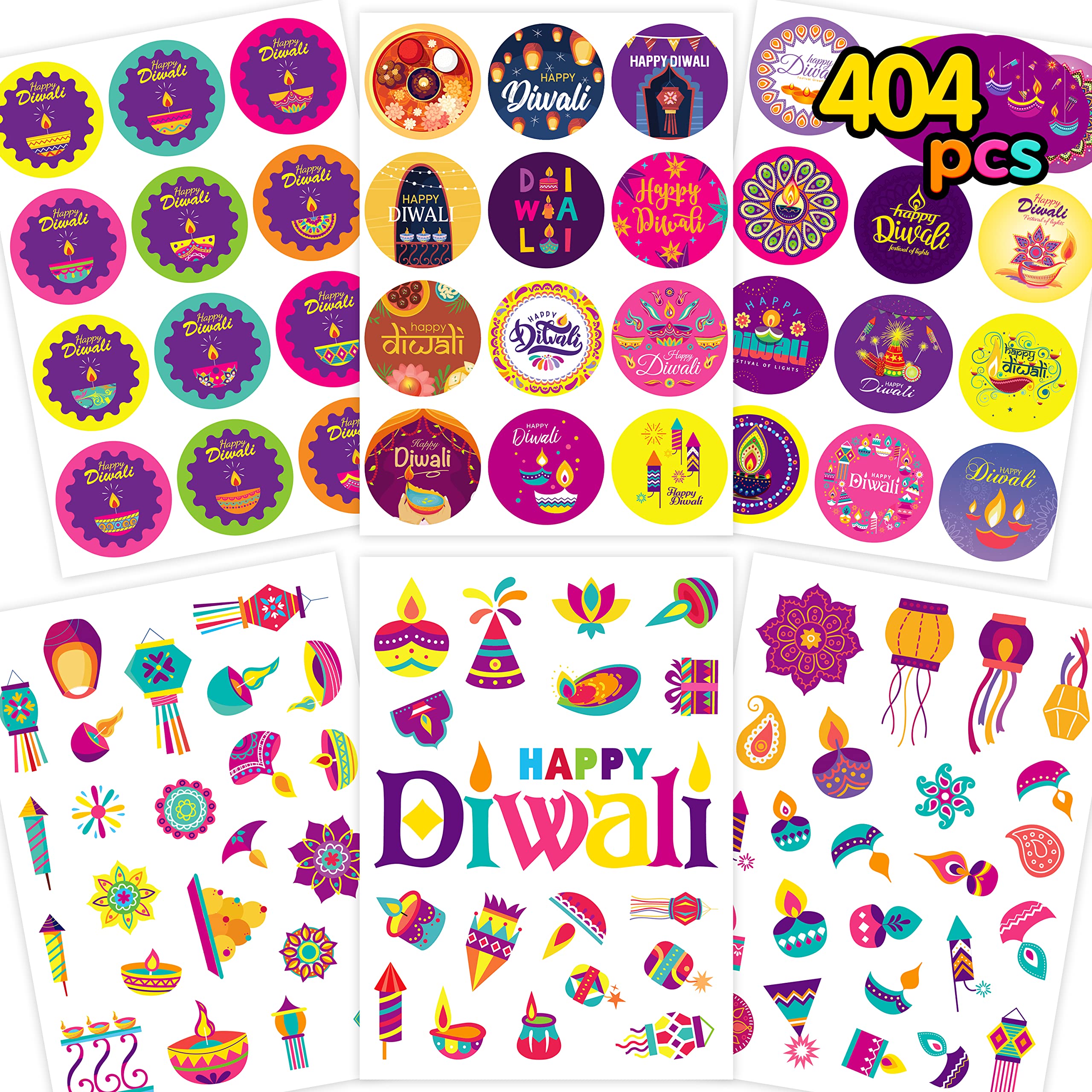 Happy Diwali Stickers for Kids - 24 Sheets Rangoli & Diya Stickers for Party Favors & Decor