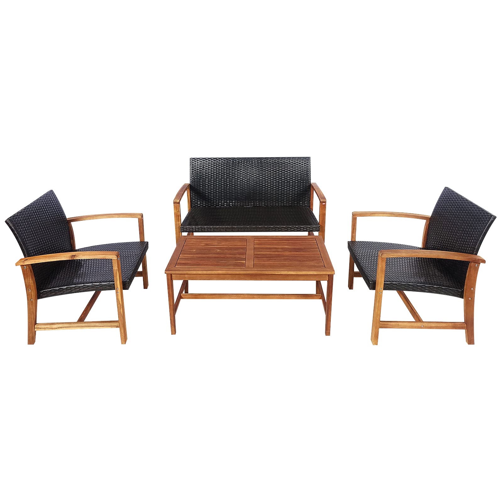 4-Piece Outdoor Patio Furniture Set - Acacia Wood & PE Wicker Loveseat, Armchairs & Coffee Table - Modern Conversation Set for Deck, Poolside, Backyard & Garden Relaxation
