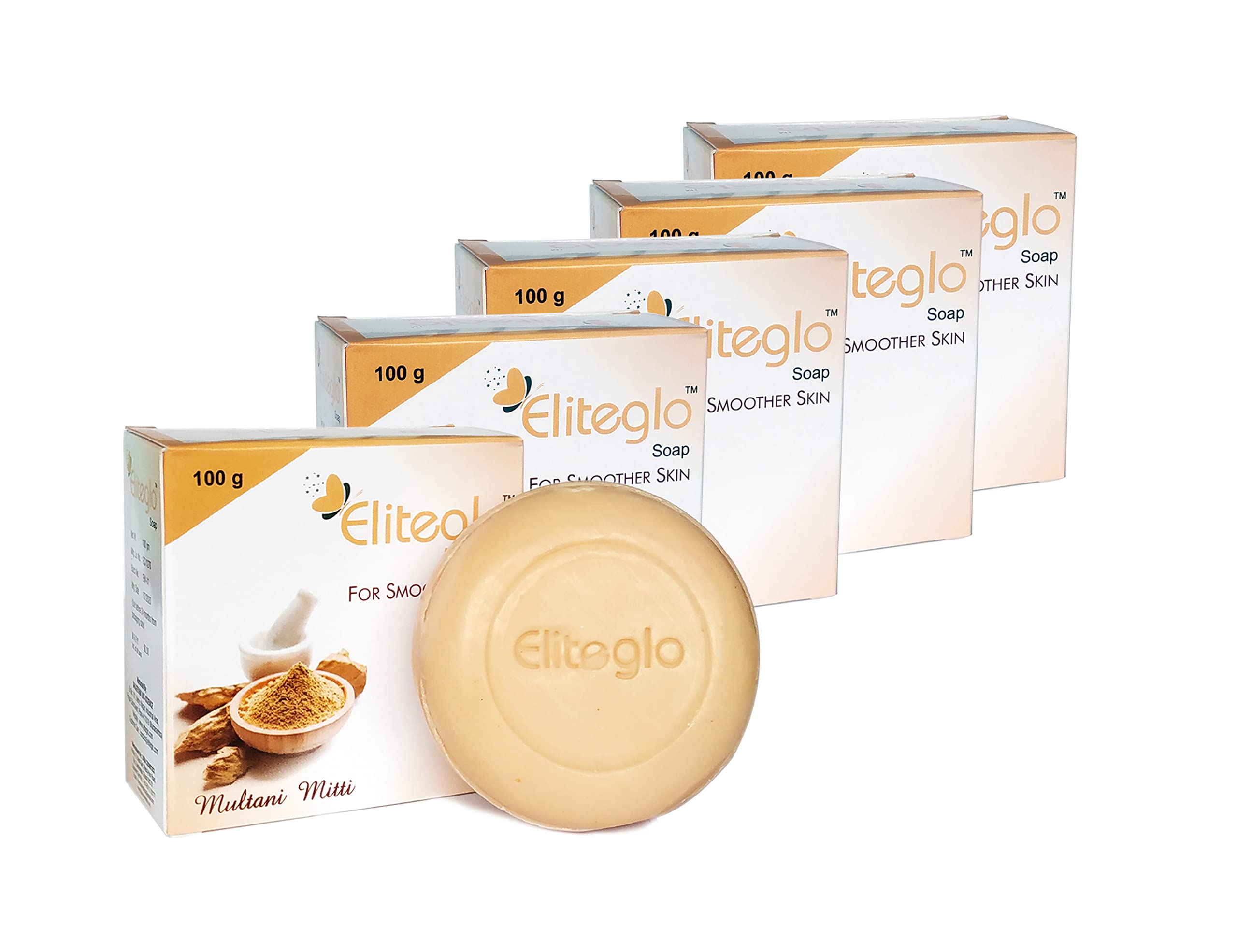 ELITEGLO Multani Mitti Soap for Smoother Skin - 100g Each (Pack of 5) | Natural Clay Face & Body Cleanser | Exfoliating & Brightening for Glowing Skin | Perfect for Daily Skincare Routine & Spa Treatments