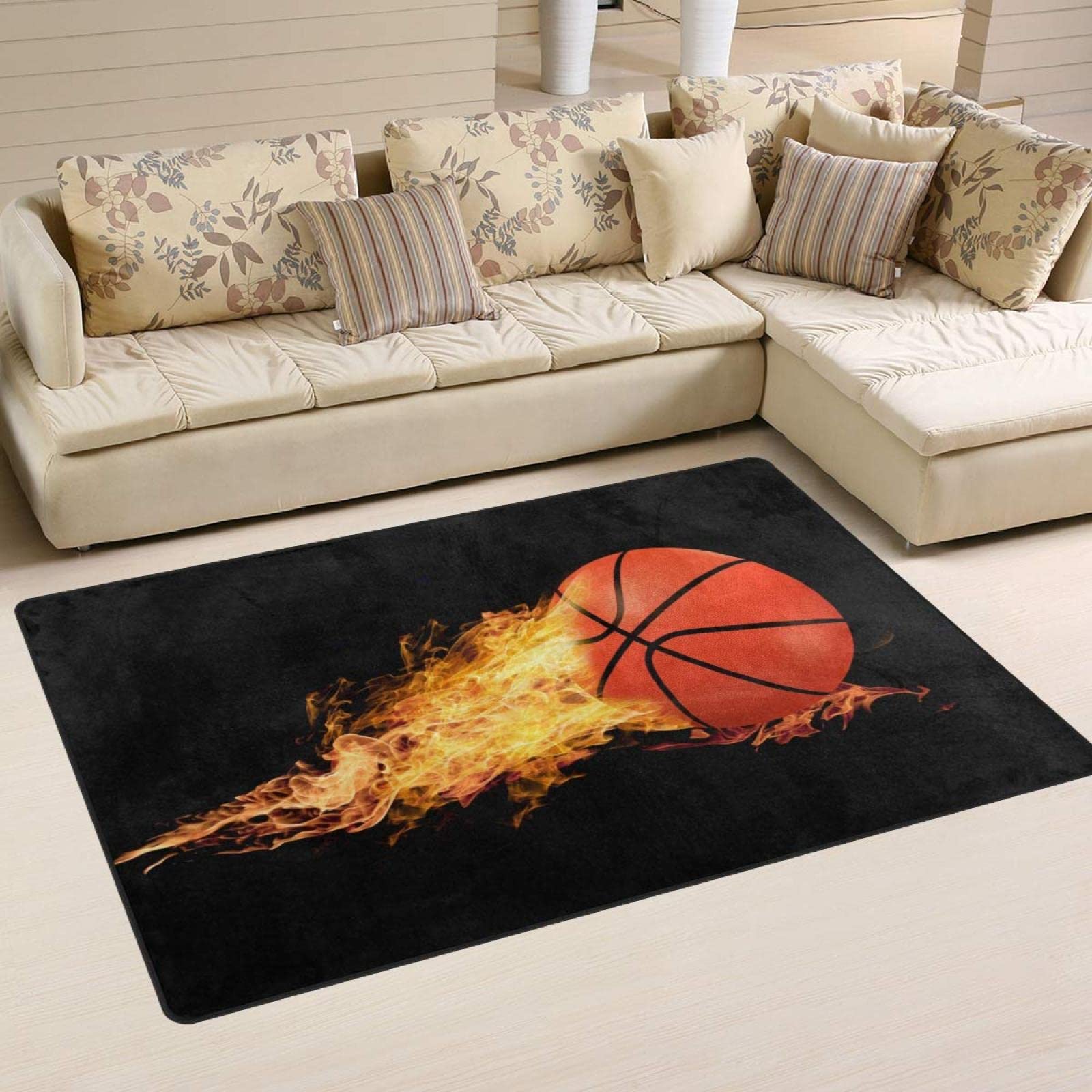 Basketball Court Flame Area Rug - Non-Slip Indoor Floor Carpet for Living Room, Bedroom & Home Decor - 5' x 6' Creative Sports Themed Rug - Perfect for Game Rooms, Man Caves & Basketball Fan Gifts