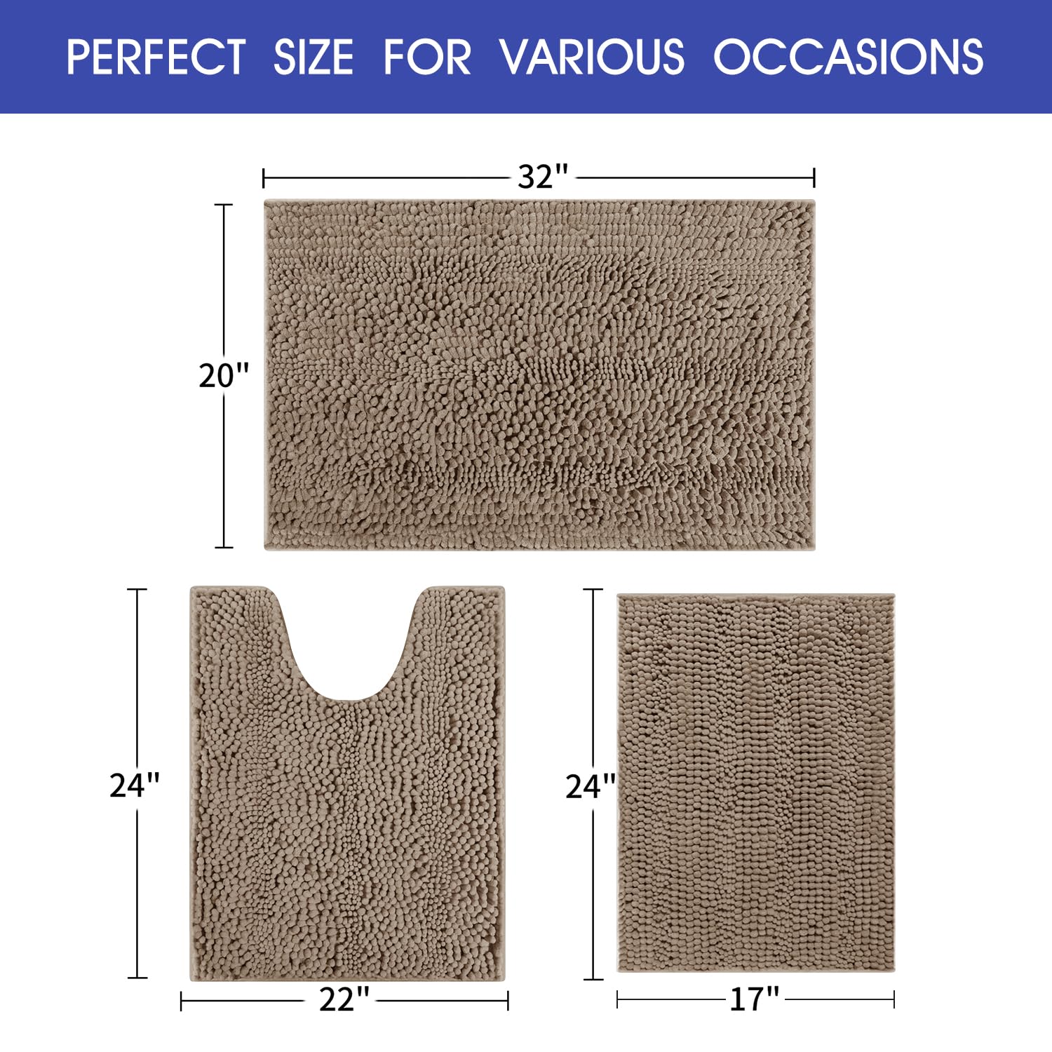 ACCUMTEK Striped Ultra Soft Thick Chenille Bath Rugs and Mats - Dark Beige Non-Slip Bathroom Mat for Bathroom, Toilet, Bedroom & Kitchen - Plush Absorbent Floor Mat for Shower, Vanity & Sink Areas