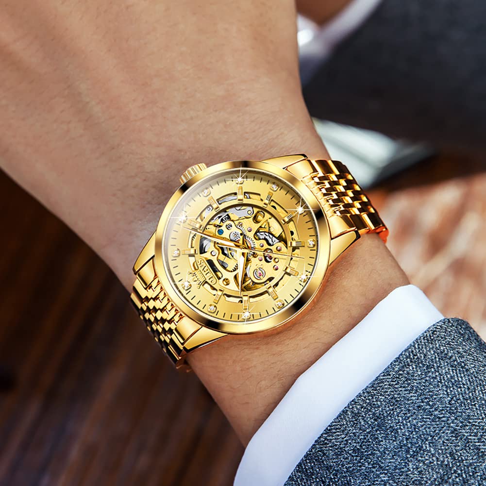 OLEVS Automatic Skeleton Watches for Men - Luxury Mechanical Gold Wristwatch with Diamond Accents, Stainless Steel Case, Waterproof & Luminous - Perfect for Business, Formal Events & Everyday Wear