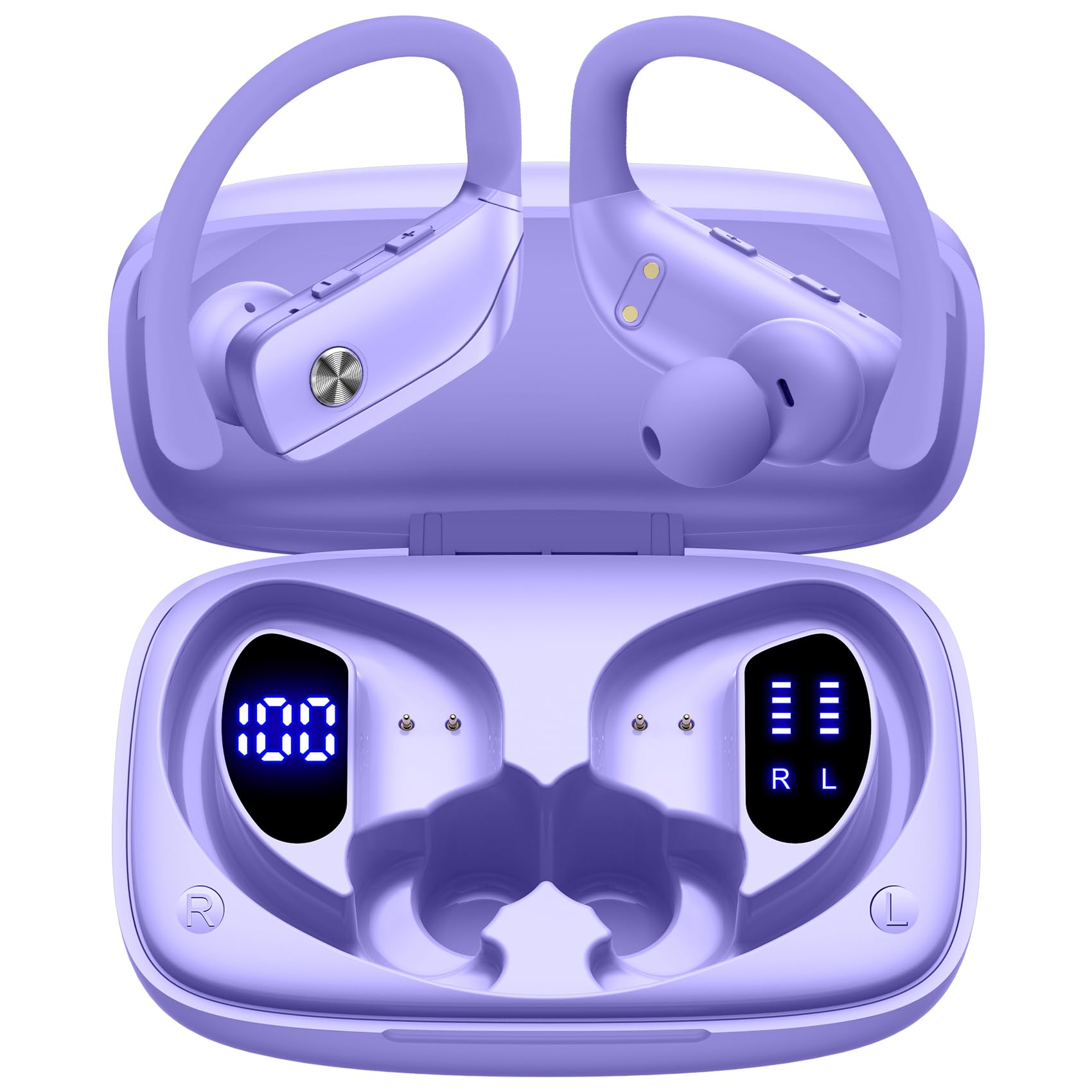 Bmani Wireless Bluetooth Earbuds - 48H Playback, LED Display, Built-in Mic, Over-Ear Sport Headphones with Earhooks for Running, Gym & Workout (Purple) - Perfect for Fitness, Commuting & Outdoor Activities
