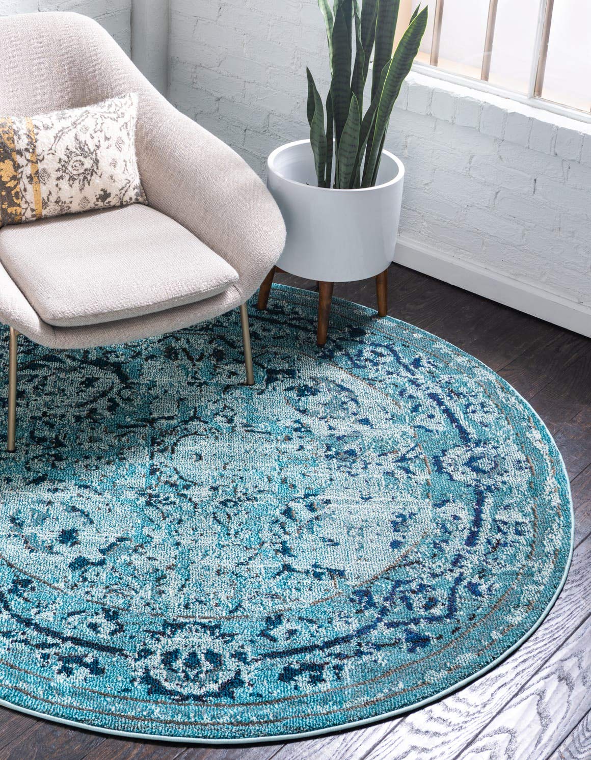 Unique Loom Medici Collection Vintage Botanical Traditional Light Blue Round Rug 3'3 x 3'3 | Handmade Floral Area Rug for Living Room, Bedroom & Nursery Decor